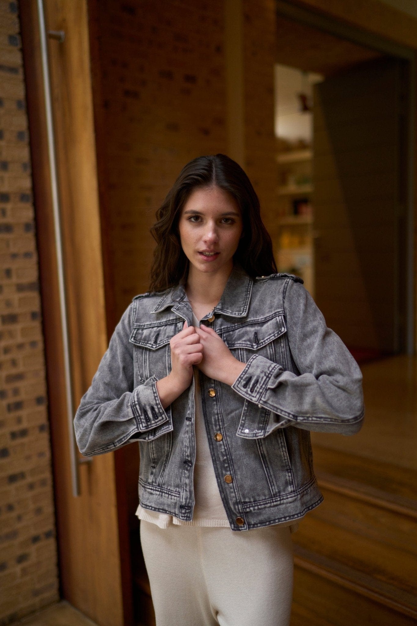 View our Stonewashed Charcoal Denim Jacket with Stud Buttons - The ultimate JACKETS created by TRIBUTE and sold here, at Tribute Store