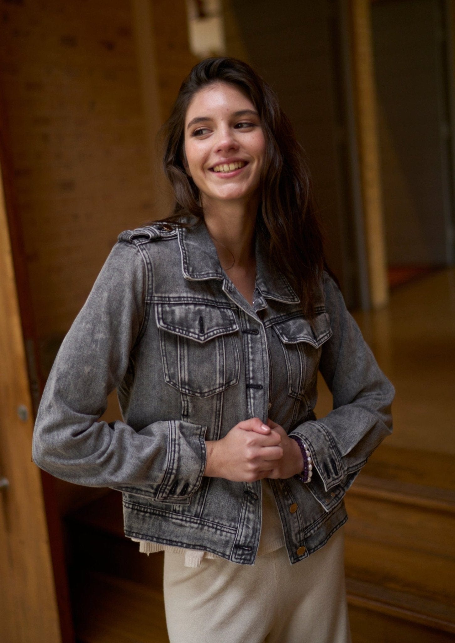 View our Stonewashed Charcoal Denim Jacket with Stud Buttons - The ultimate JACKETS created by TRIBUTE and sold here, at Tribute Store