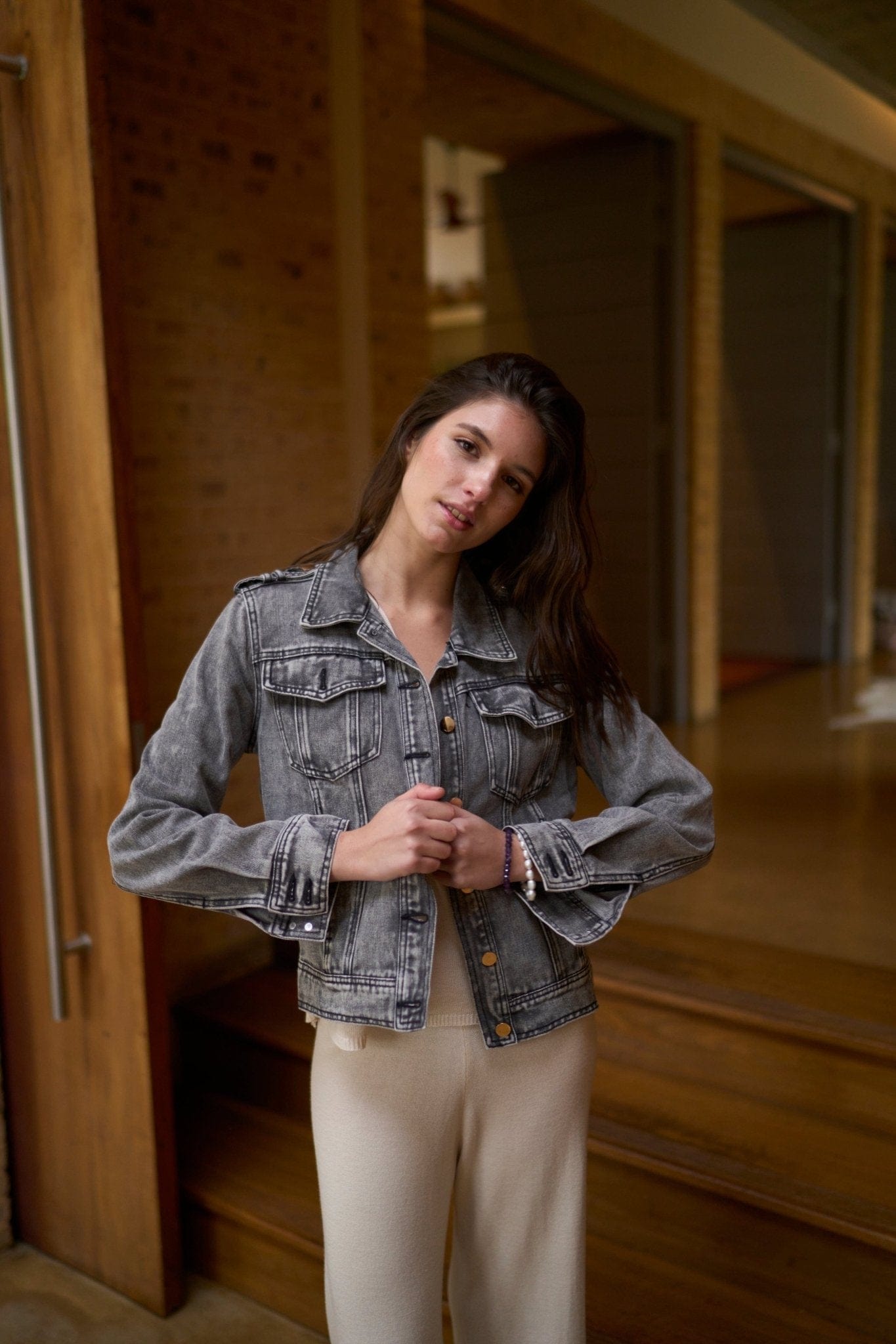 View our Stonewashed Charcoal Denim Jacket with Stud Buttons - The ultimate JACKETS created by TRIBUTE and sold here, at Tribute Store