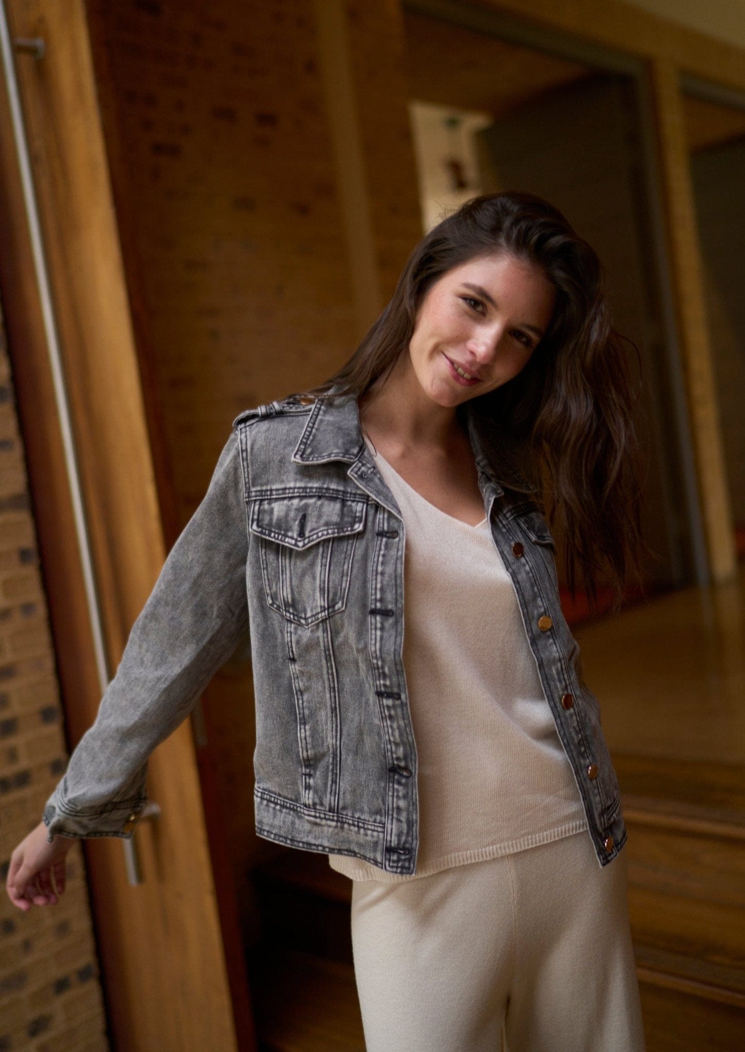 View our Stonewashed Charcoal Denim Jacket with Stud Buttons - The ultimate JACKETS created by TRIBUTE and sold here, at Tribute Store