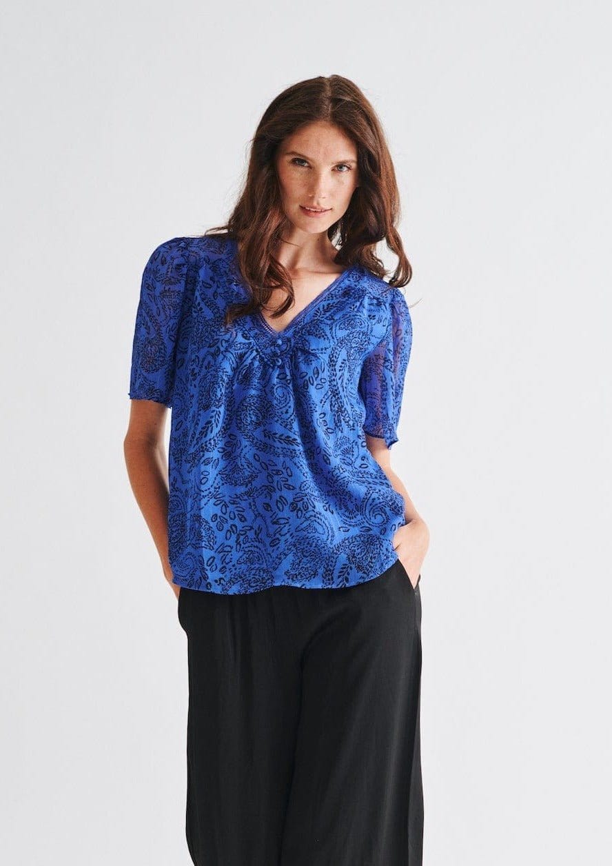 View our V Neck Blouse with Fine Floral Print In Electric Blue - by Tribute Store