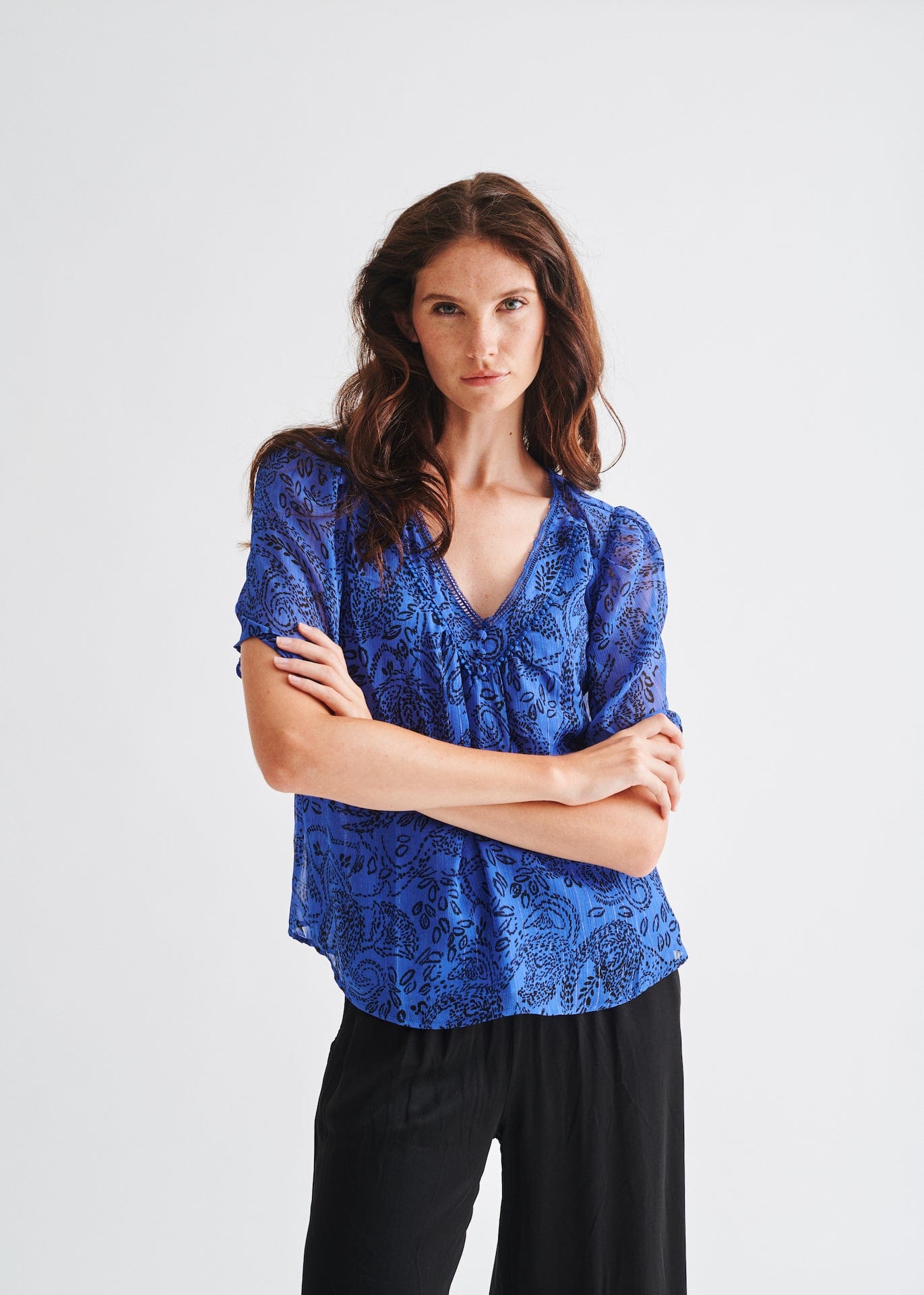 View our V Neck Blouse with Fine Floral Print In Electric Blue - by Tribute Store
