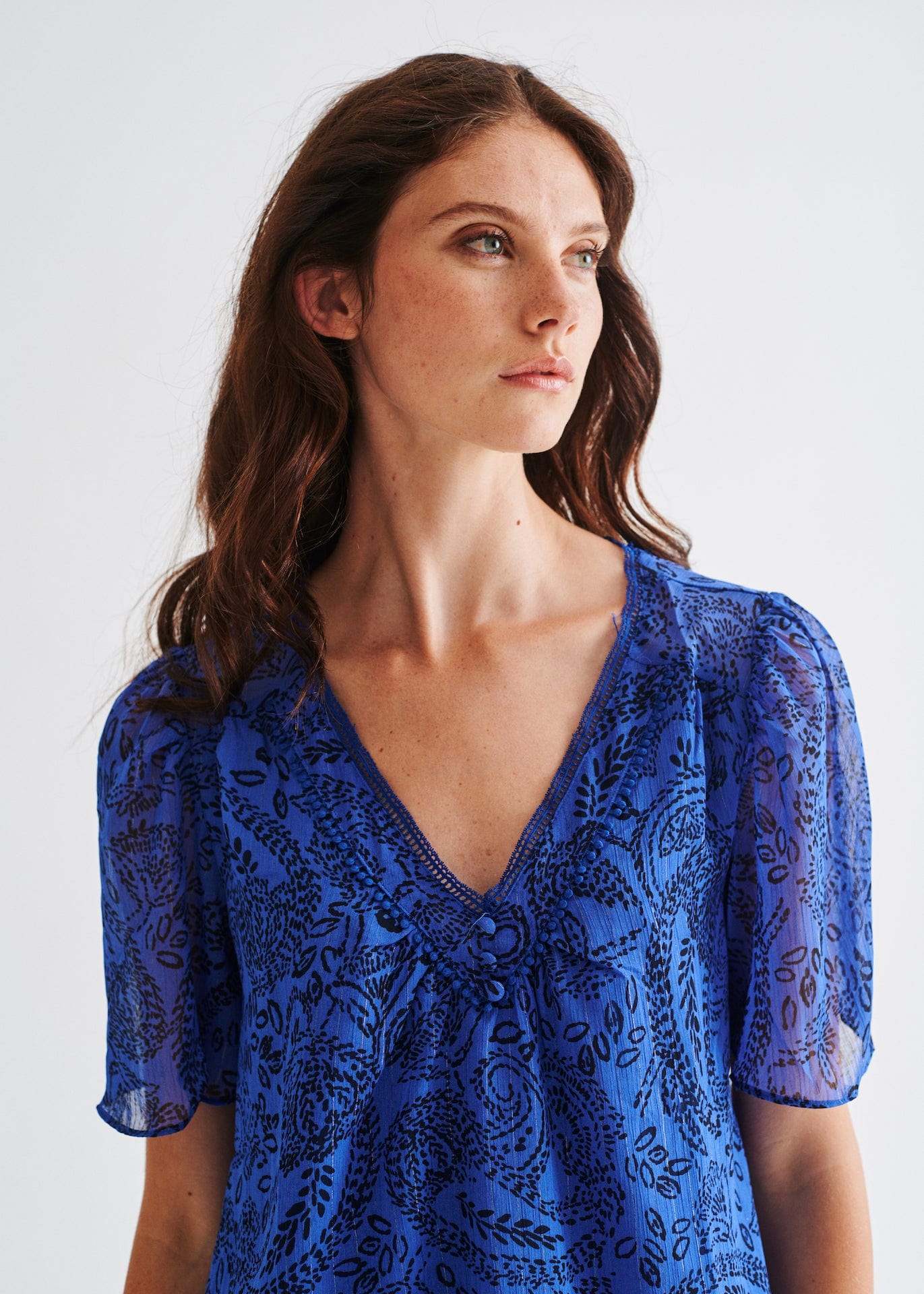 View our V Neck Blouse with Fine Floral Print In Electric Blue - by Tribute Store