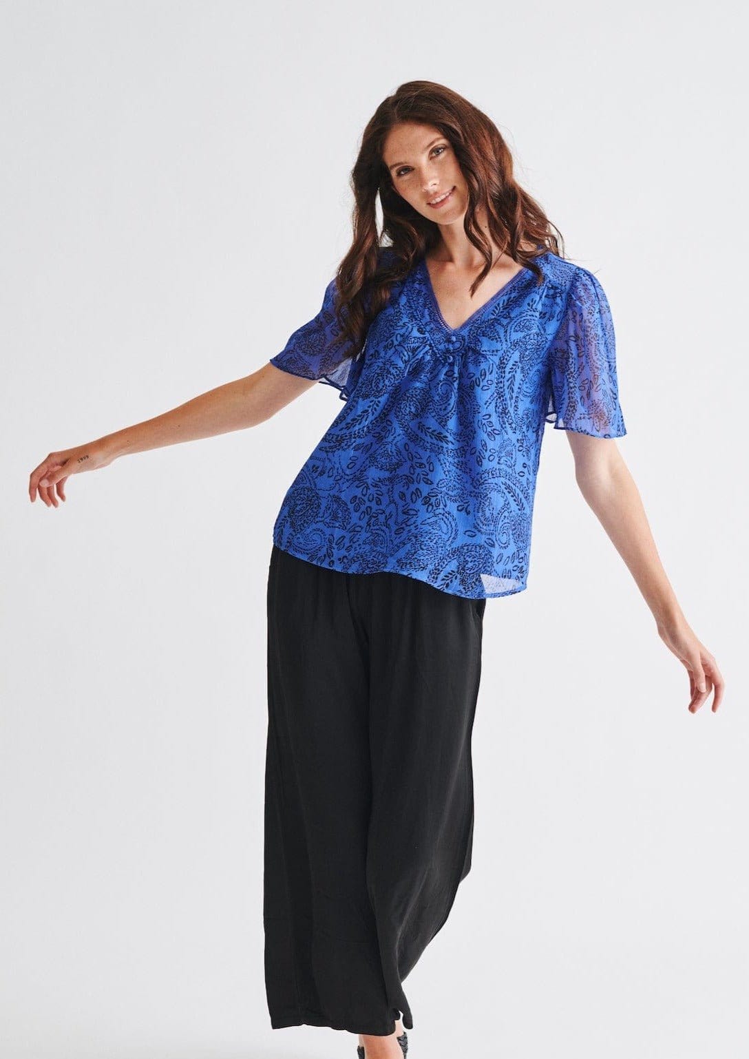 View our V Neck Blouse with Fine Floral Print In Electric Blue - by Tribute Store