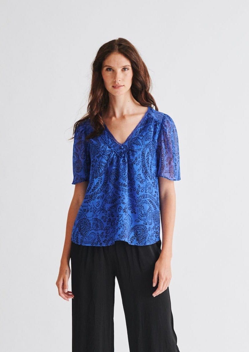 View our V Neck Blouse with Fine Floral Print In Electric Blue - by Tribute Store