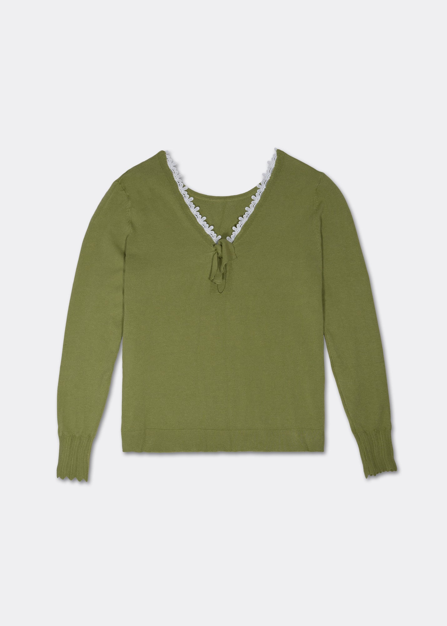 Viscose Knit with Lace and Bow Back in Olive - Tribute StoreTRIBUTE