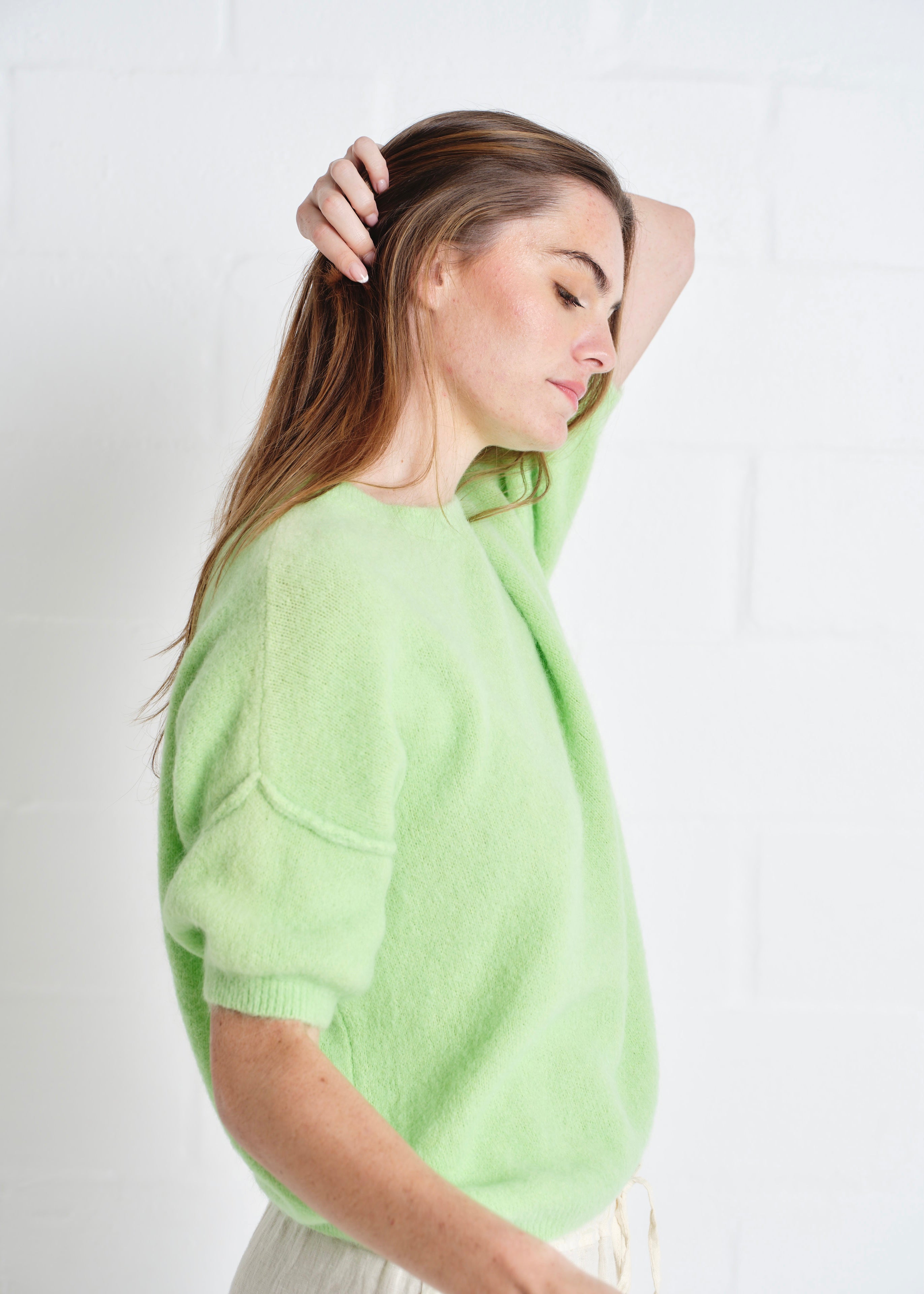 Dolly SS Round Neck Knit In Lime Green