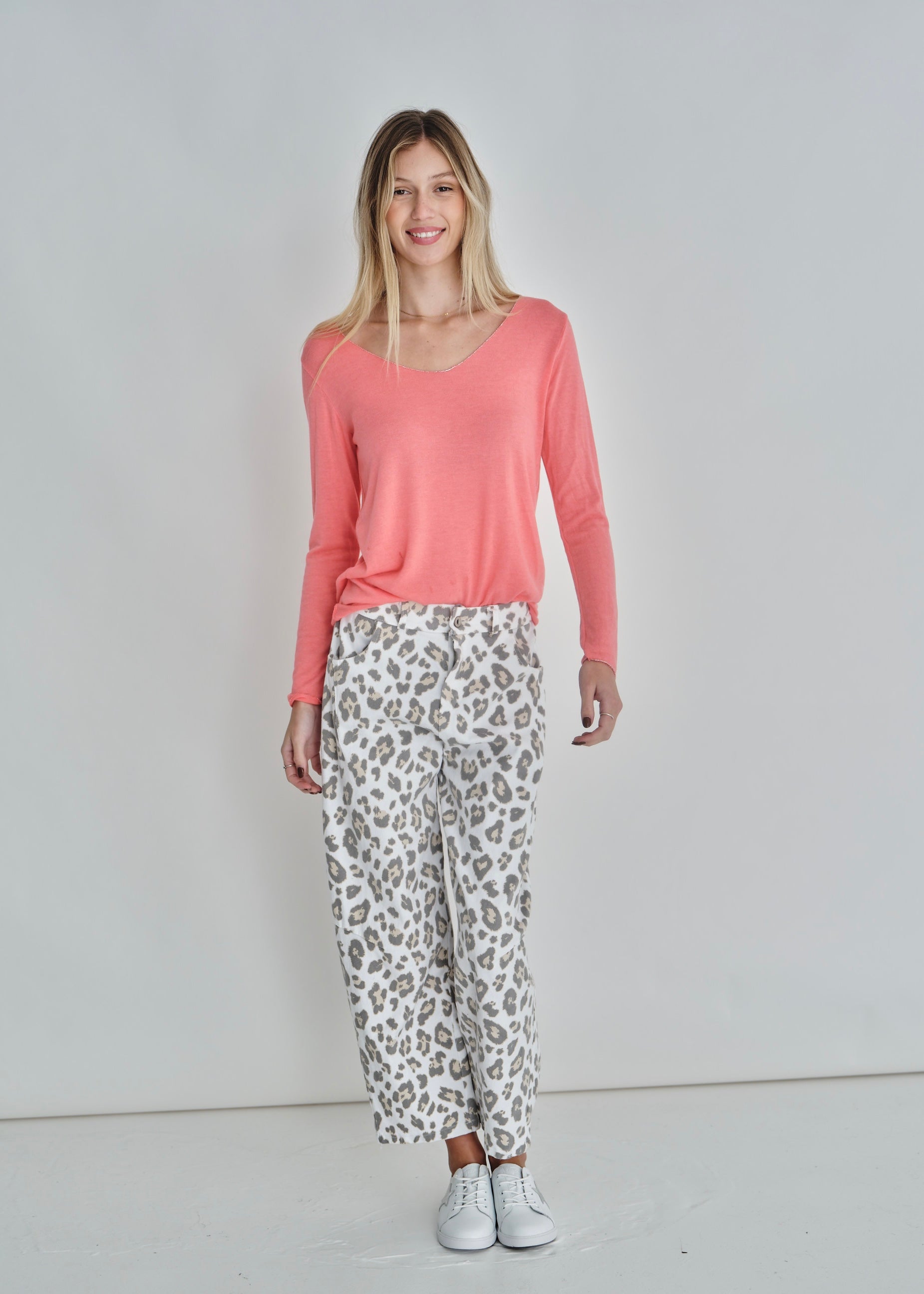 Italian Shimmer Edged V Neck Knit In Coral