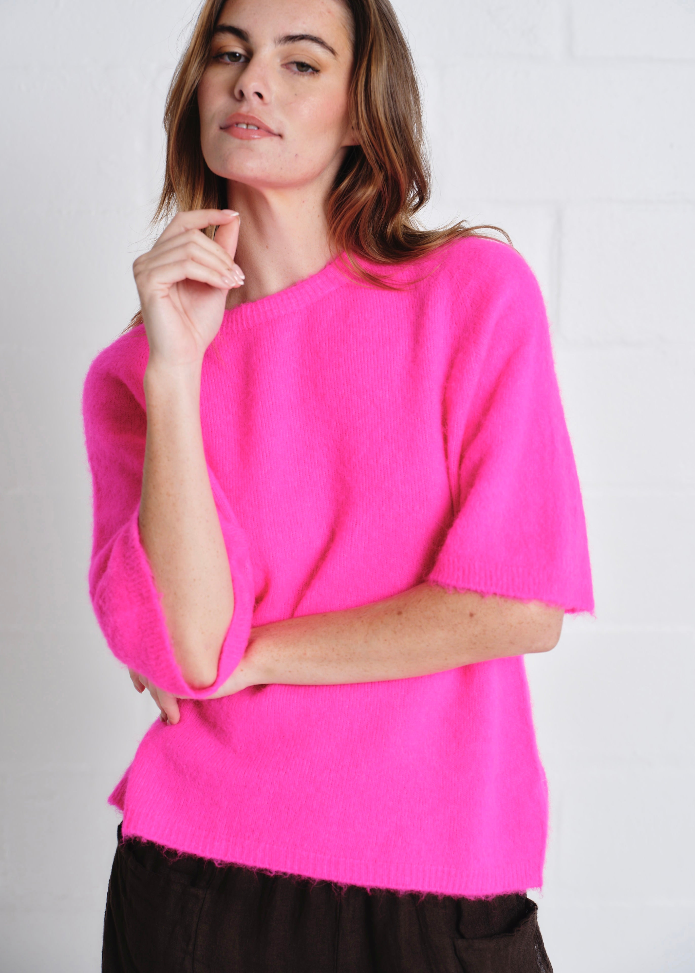 Chamonix SS Round Neck Alpaca Knit In Hot Pink