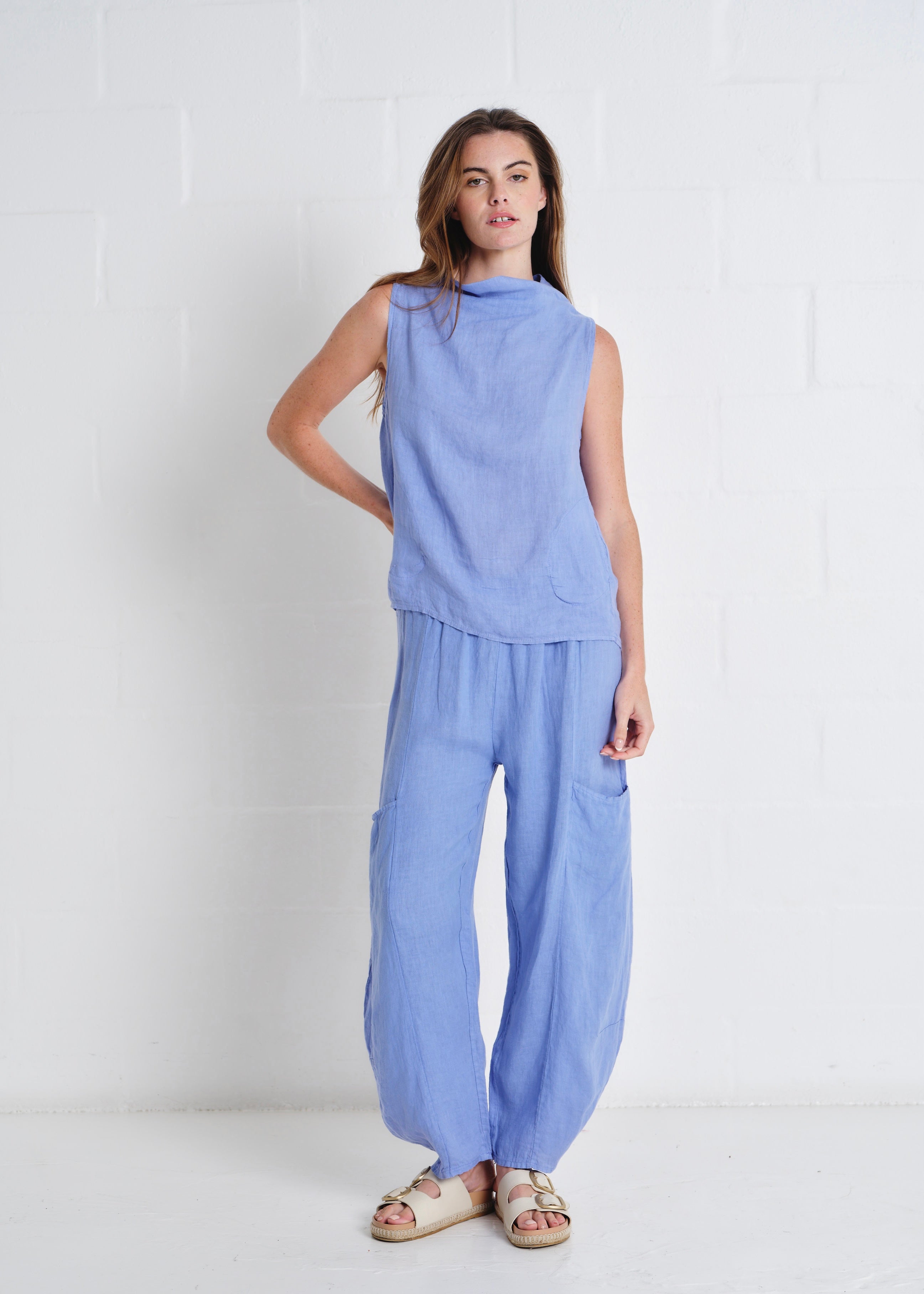Antibes Italian Linen Barrel Pants in Blue