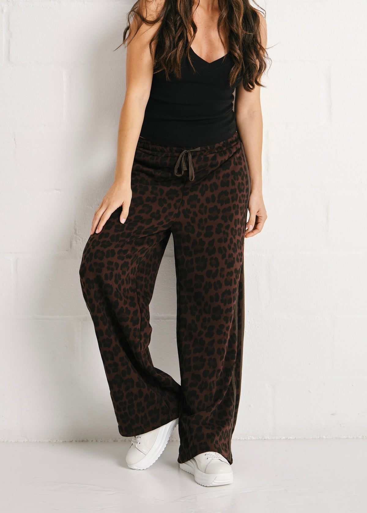 Ravenna Leopard Wide Leg Side Stripe Pants In Chocolate Brown