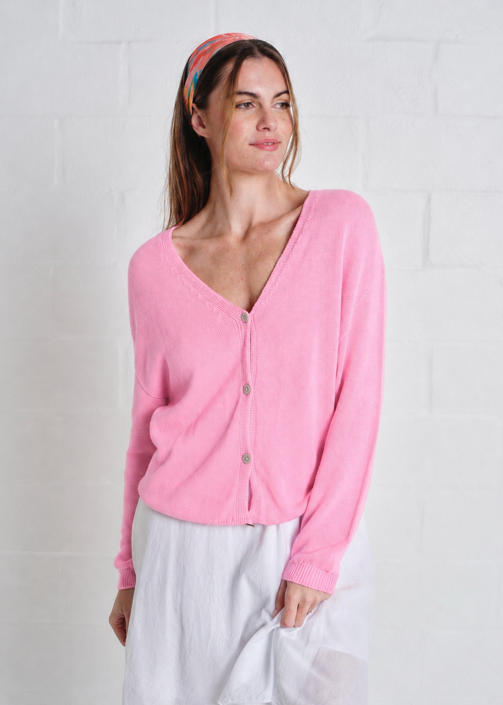 Jeanne Cotton Button Cardigan In Blush