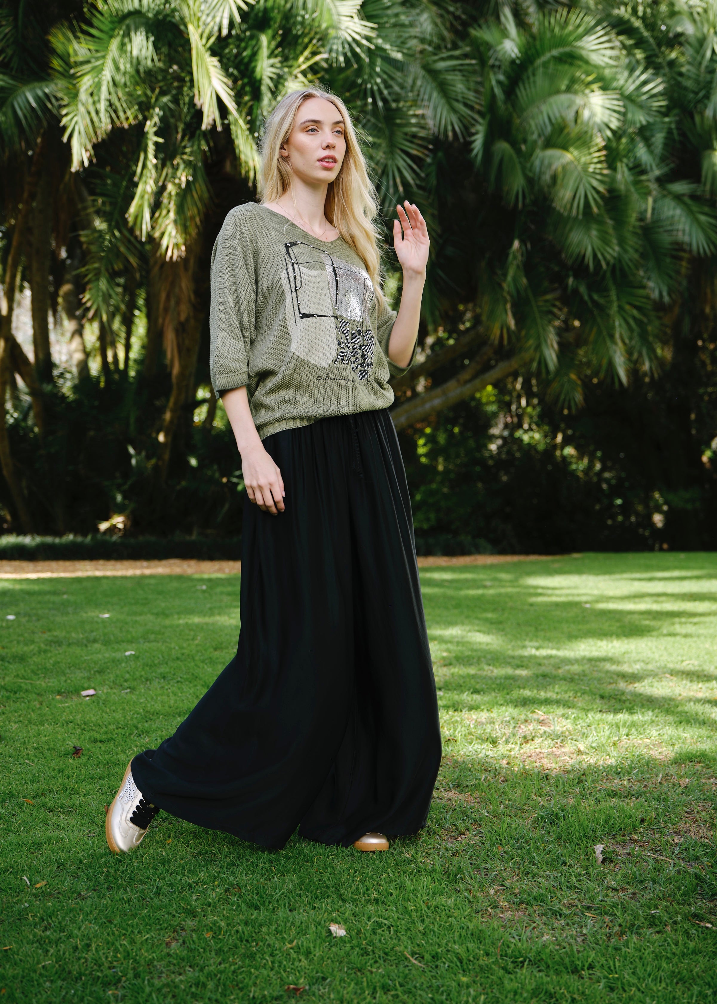 Satin Feel Palazzo Pants With Drawstring In Black