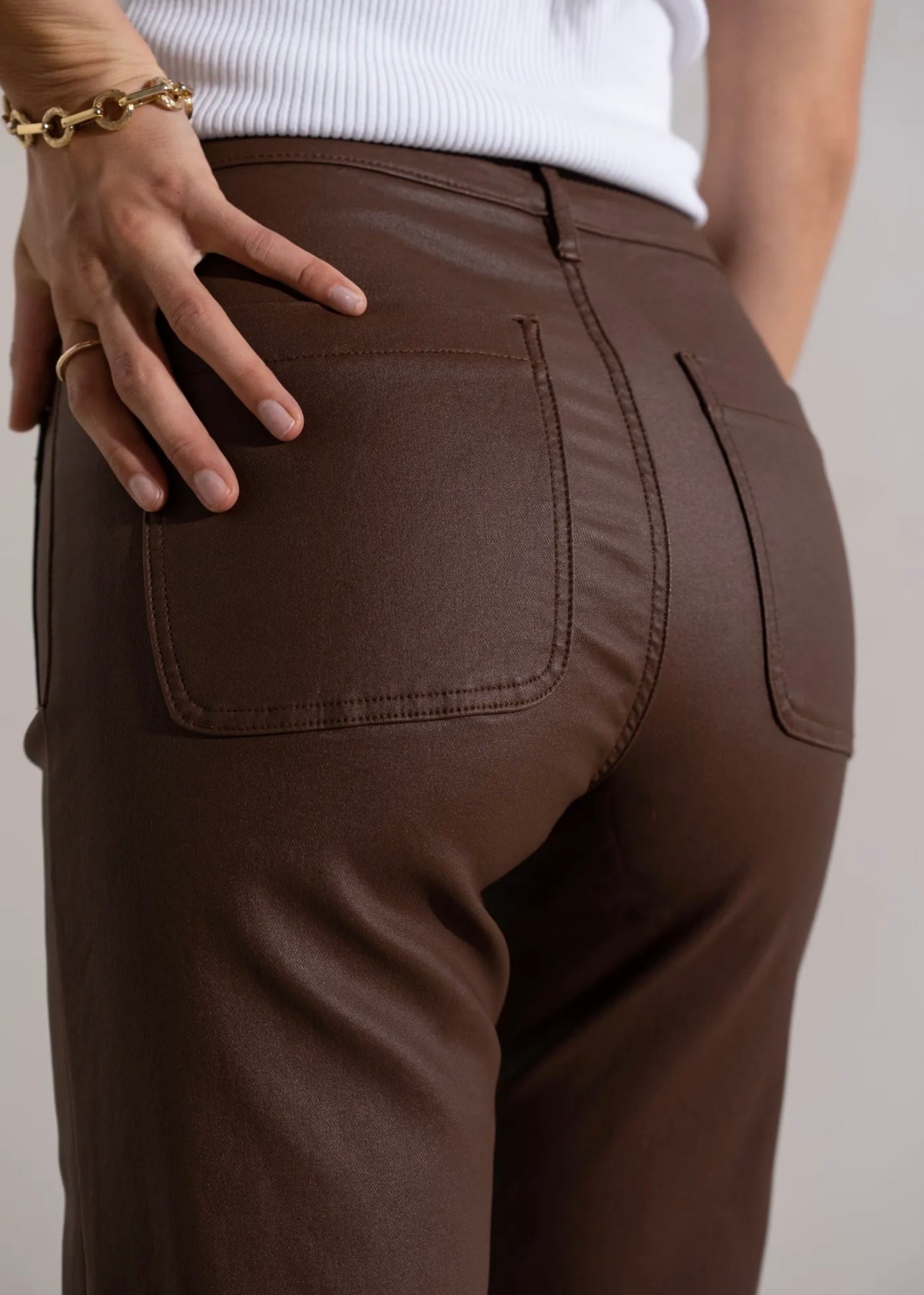 Vegan Leather Straight Leg Trousers in Caramel
