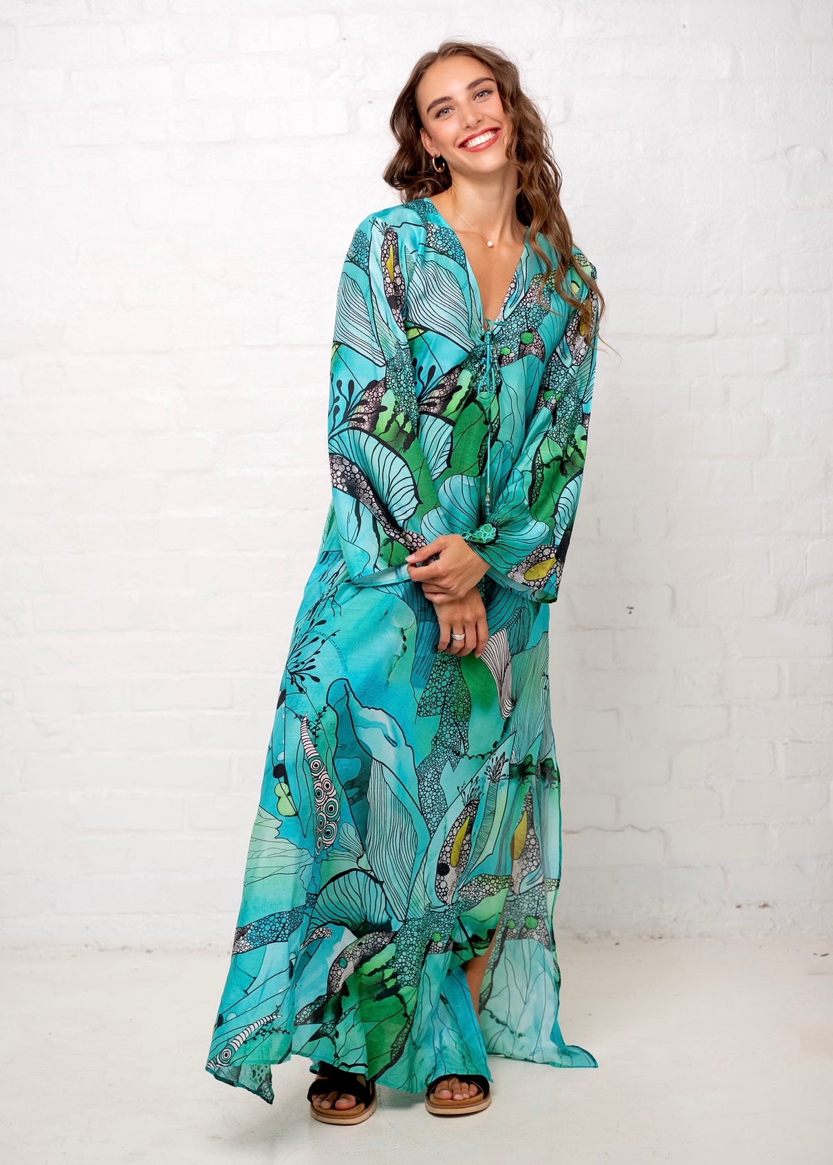 Lanira Dress in Green and Turquoise Flower Print