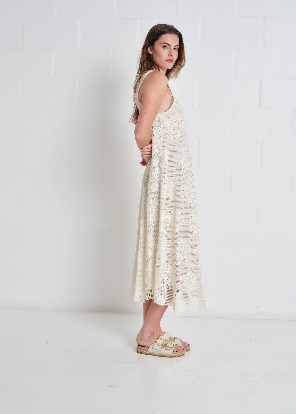 Antigua Crochet Maxi V neck Dress In Cream