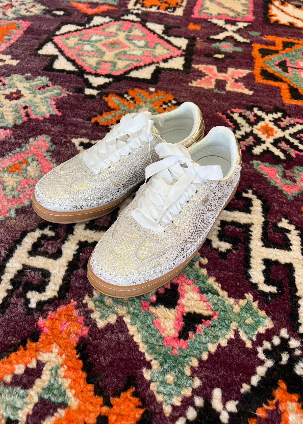Julz Wendy Leather Sneaker With Snake Print In Gold