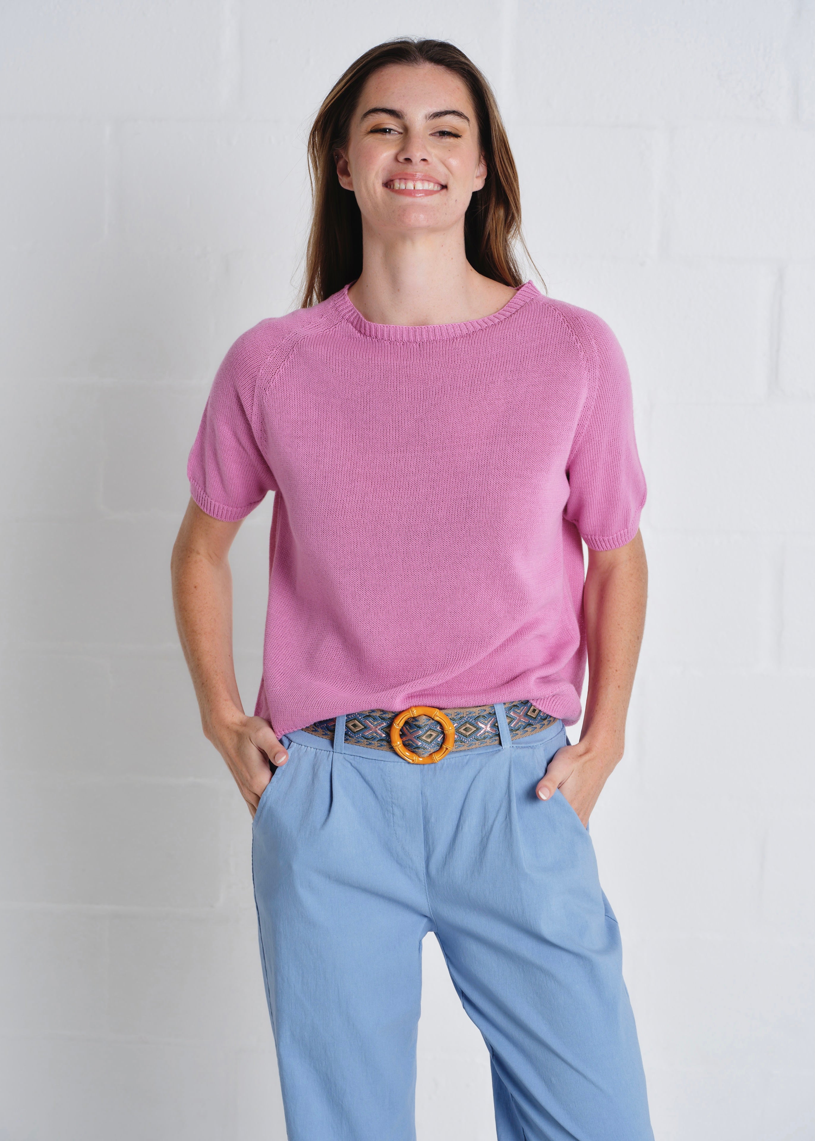 Deneuve Cotton Round Neck SS Top In Dusty Pink