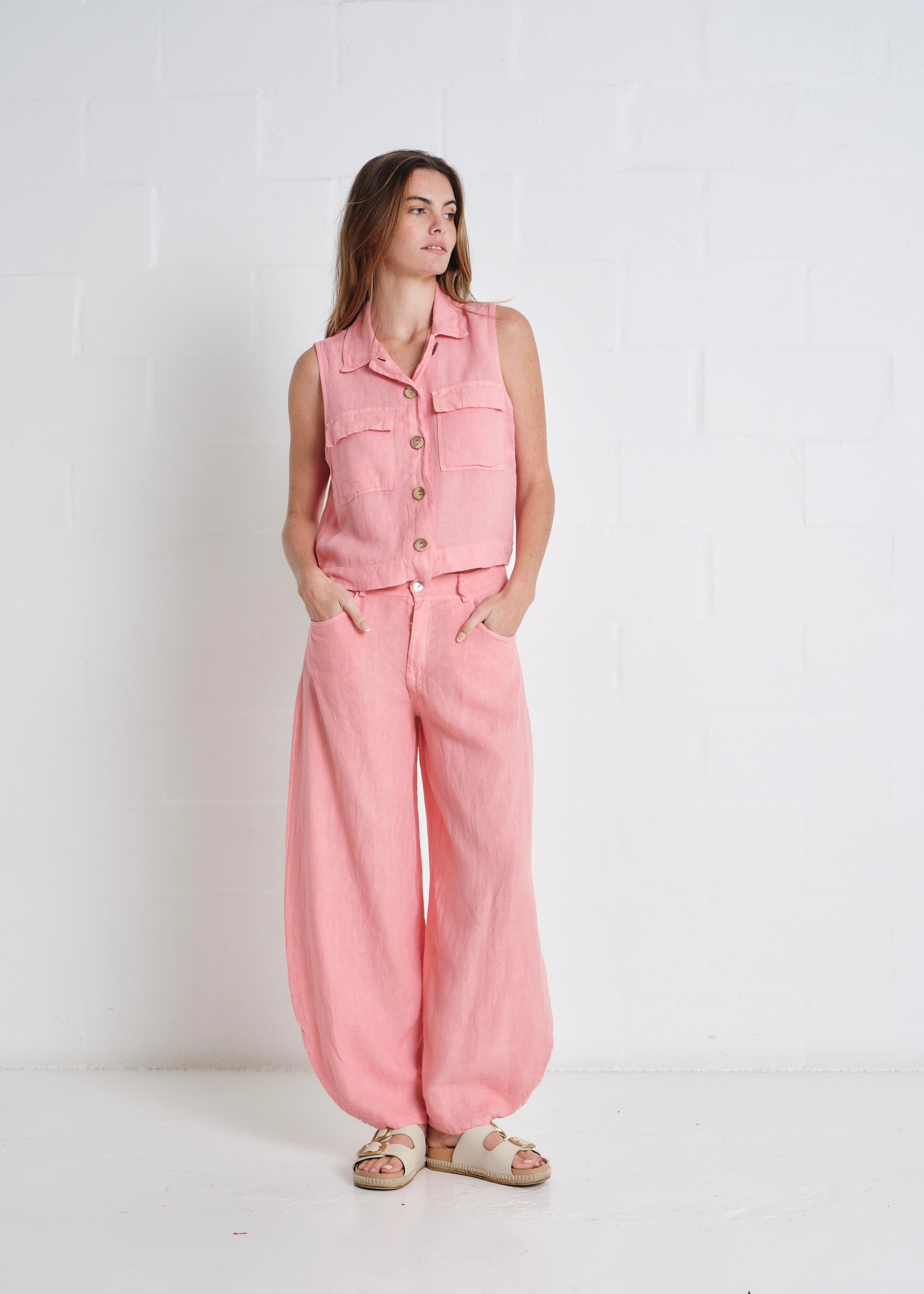 Positano Linen Sleeveless Waistcoat In Guava Pink