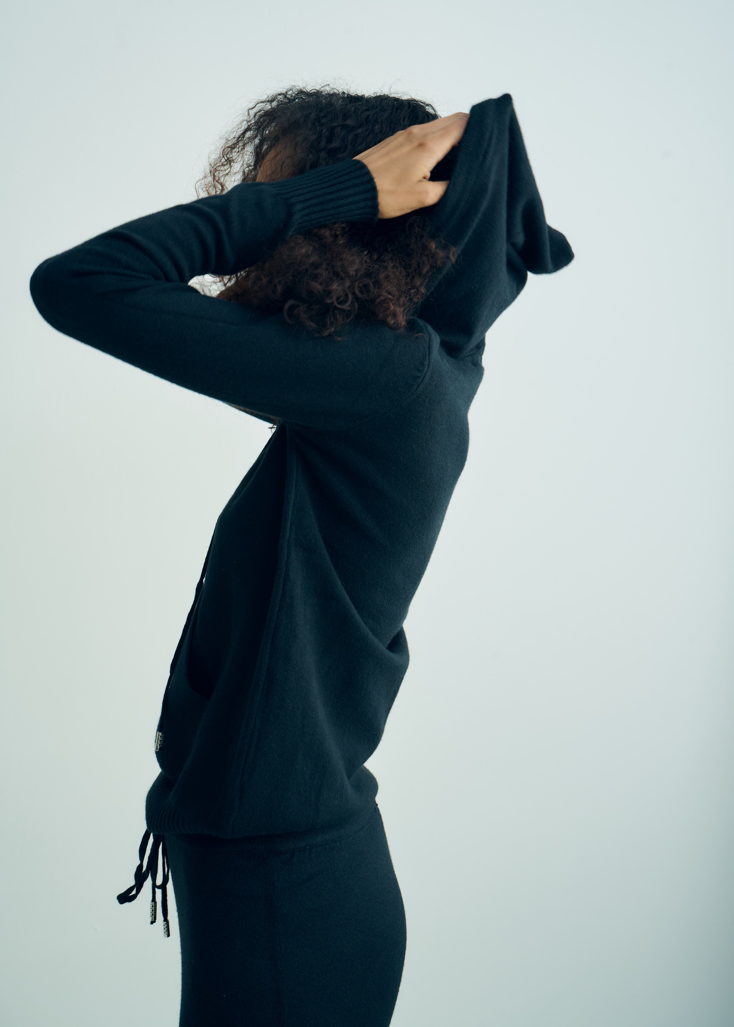 Cloud Knitted Viscose Hooded Set With Palazzo Pants In Black