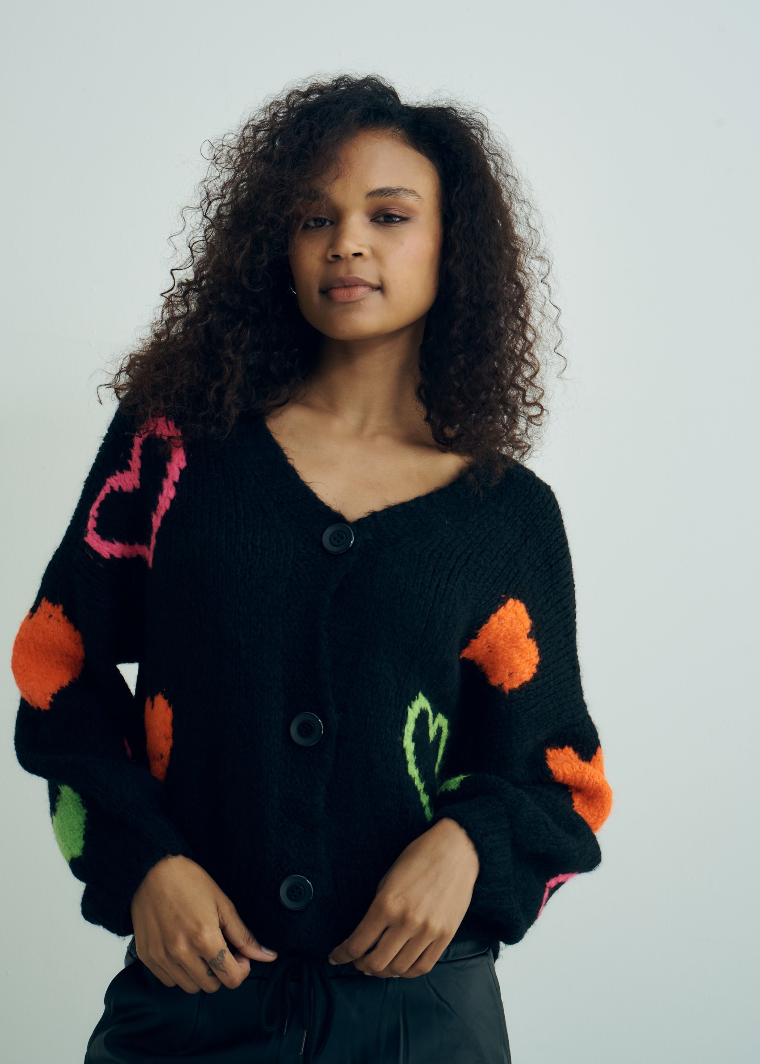 Keiko Italian Chunky Knit Cardigan with Colourful Hearts in Black