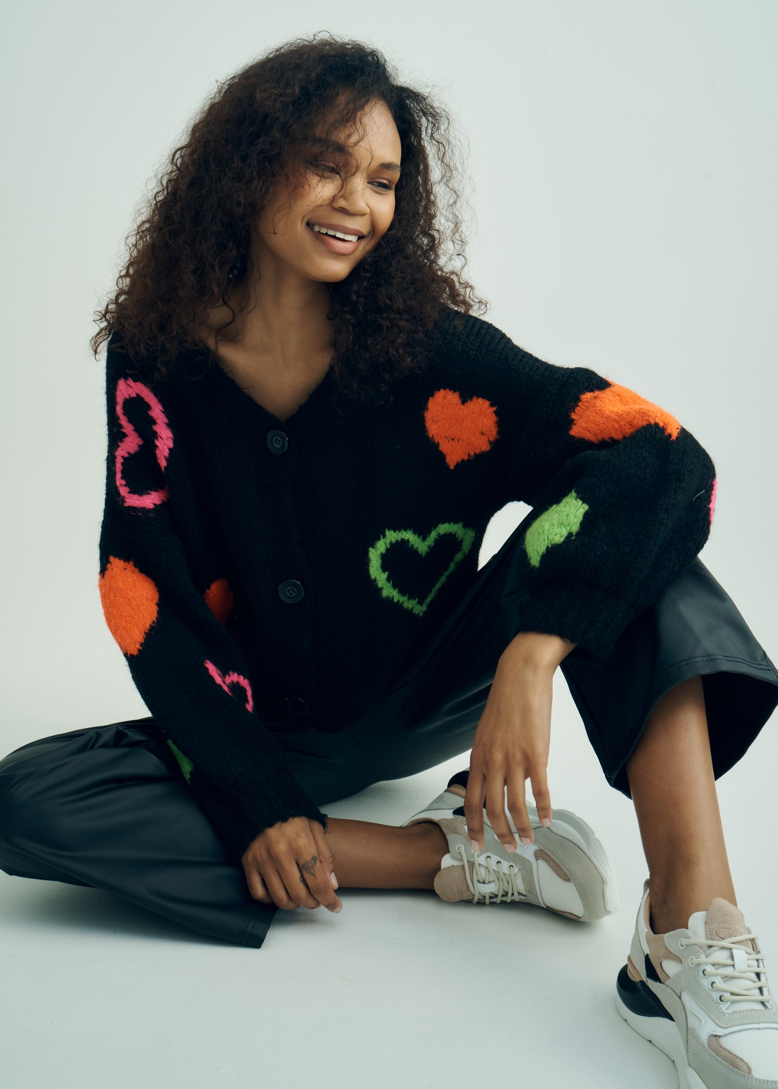 Keiko Italian Chunky Knit Cardigan with Colourful Hearts in Black
