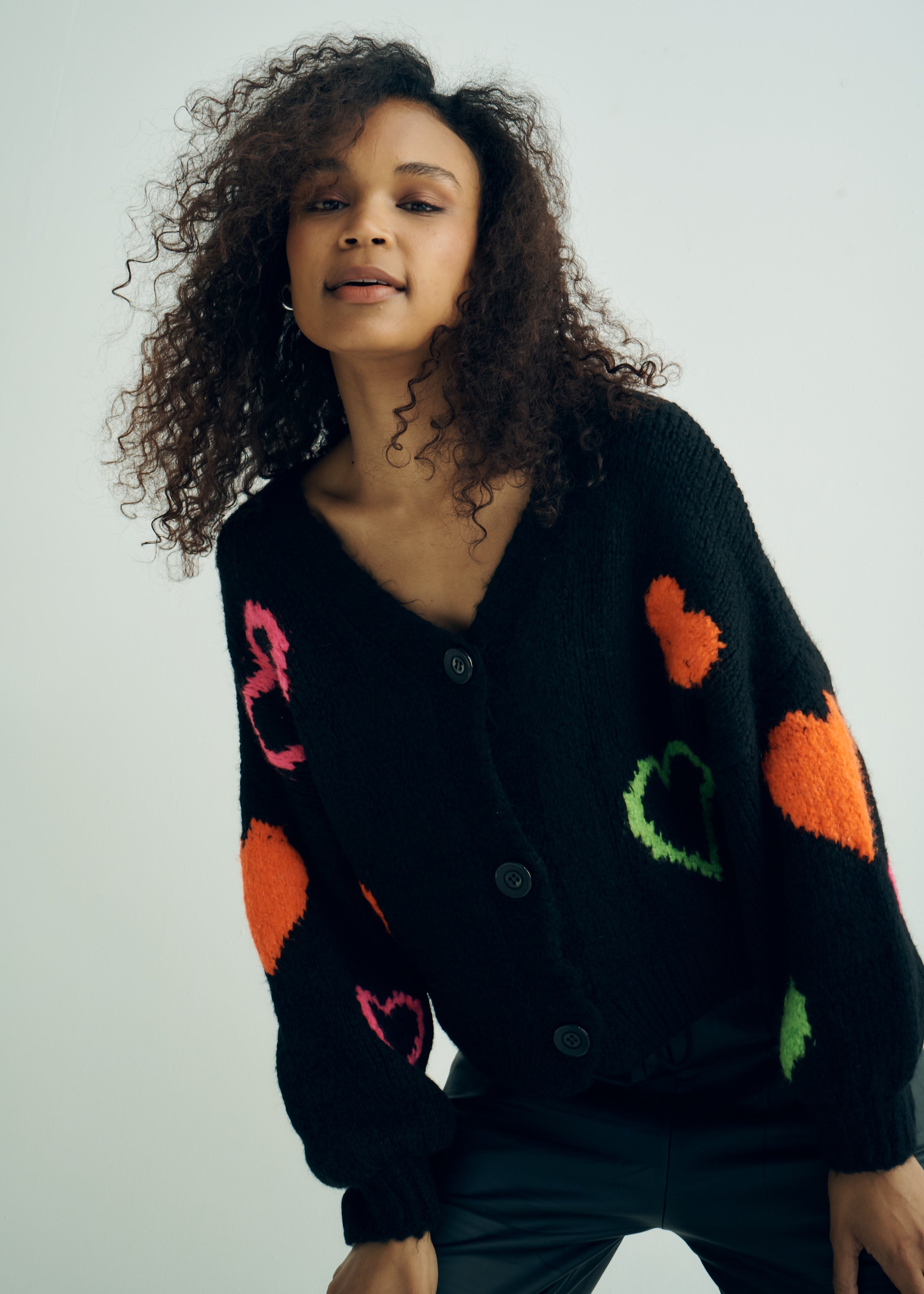 Keiko Italian Chunky Knit Cardigan with Colourful Hearts in Black
