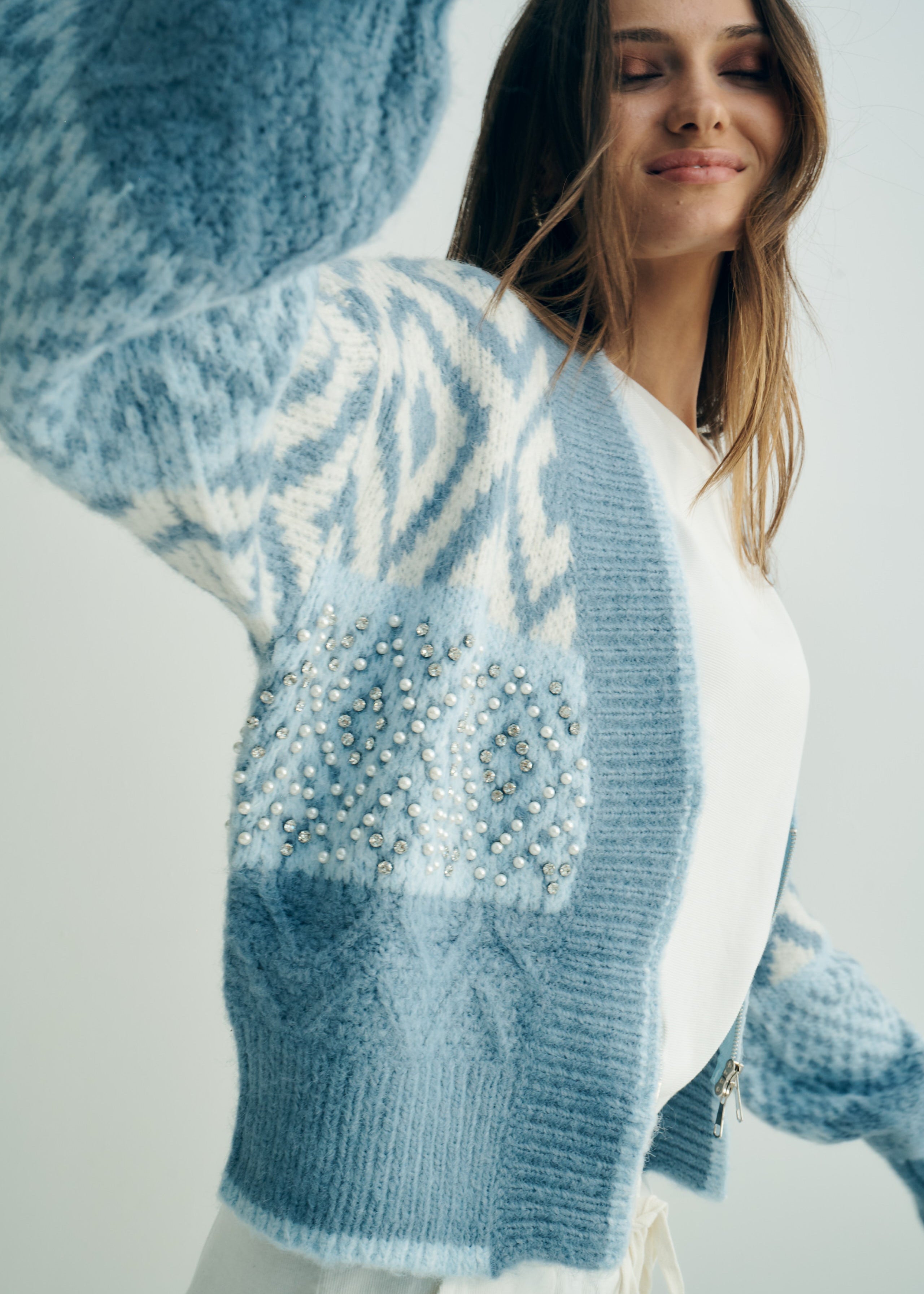 Oslo Embellished Wool Blend Cardigan in Sky Blue