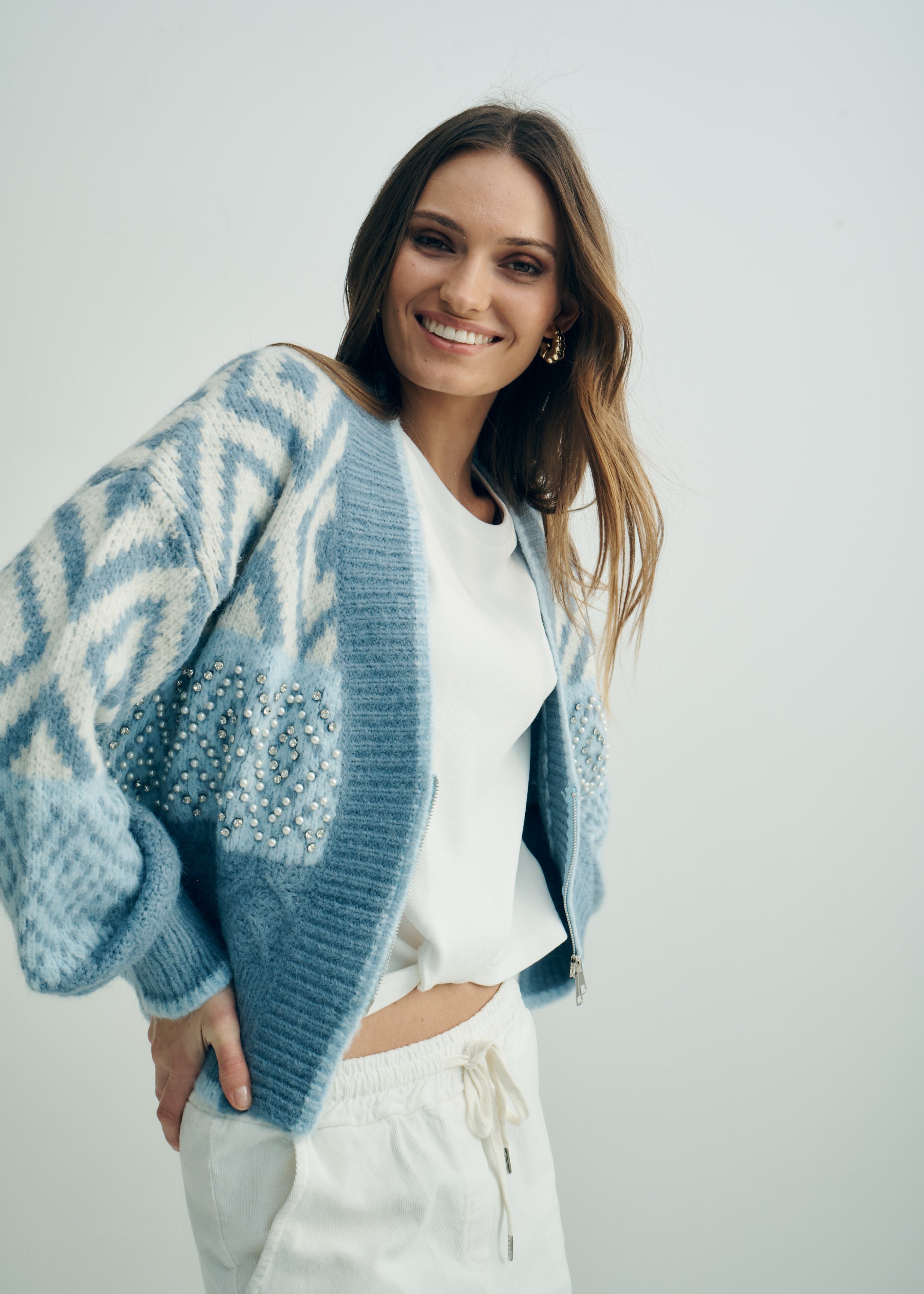 Oslo Embellished Wool Blend Cardigan in Sky Blue