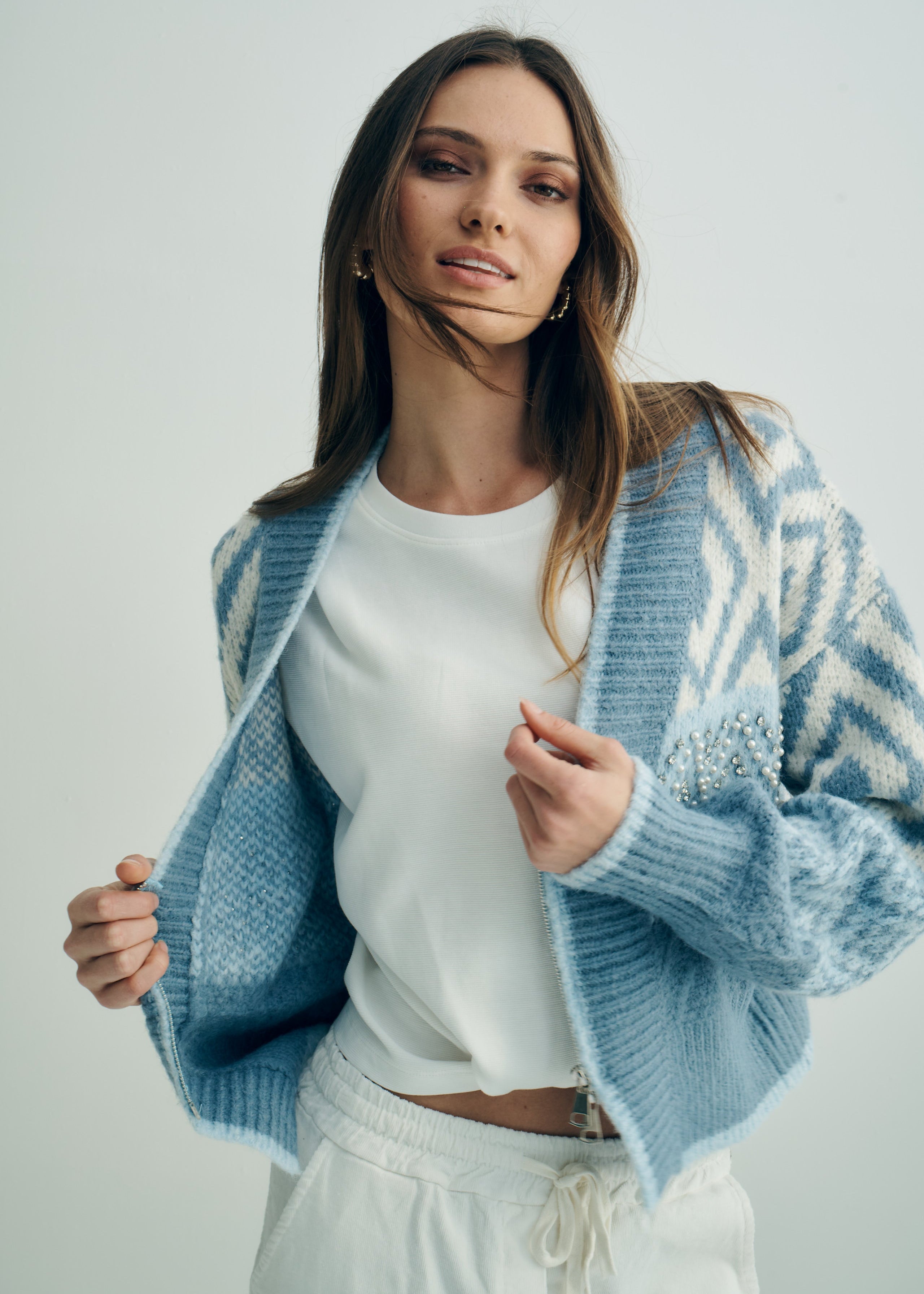 Oslo Embellished Wool Blend Cardigan in Sky Blue