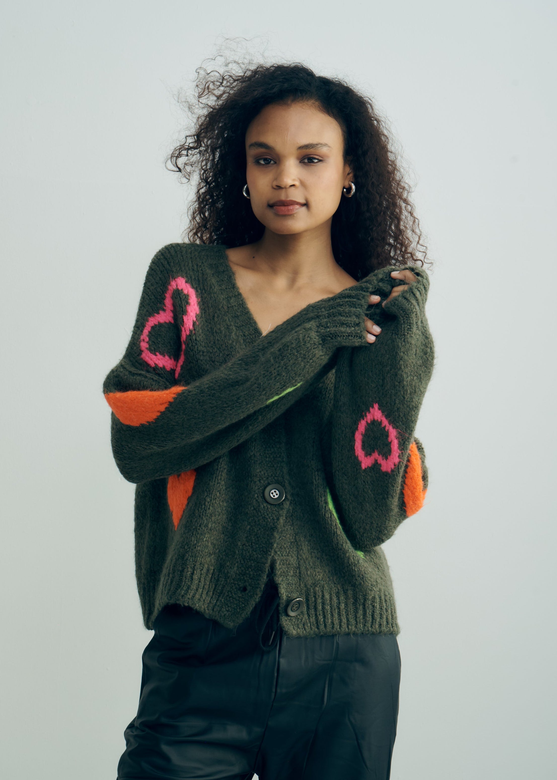 Keiko Italian Chunky Knit Cardigan with Colourful Hearts in Khaki