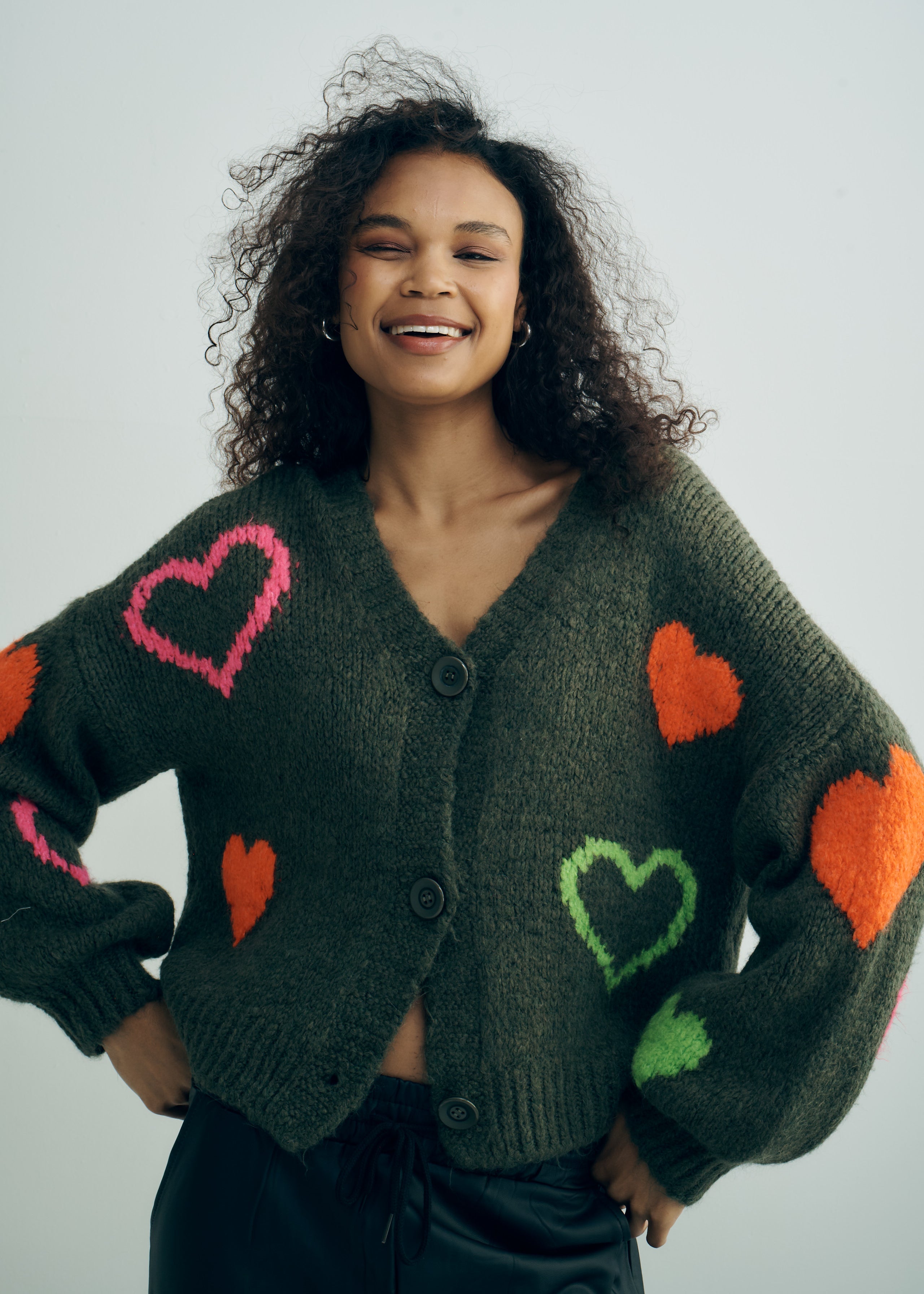 Keiko Italian Chunky Knit Cardigan with Colourful Hearts in Khaki