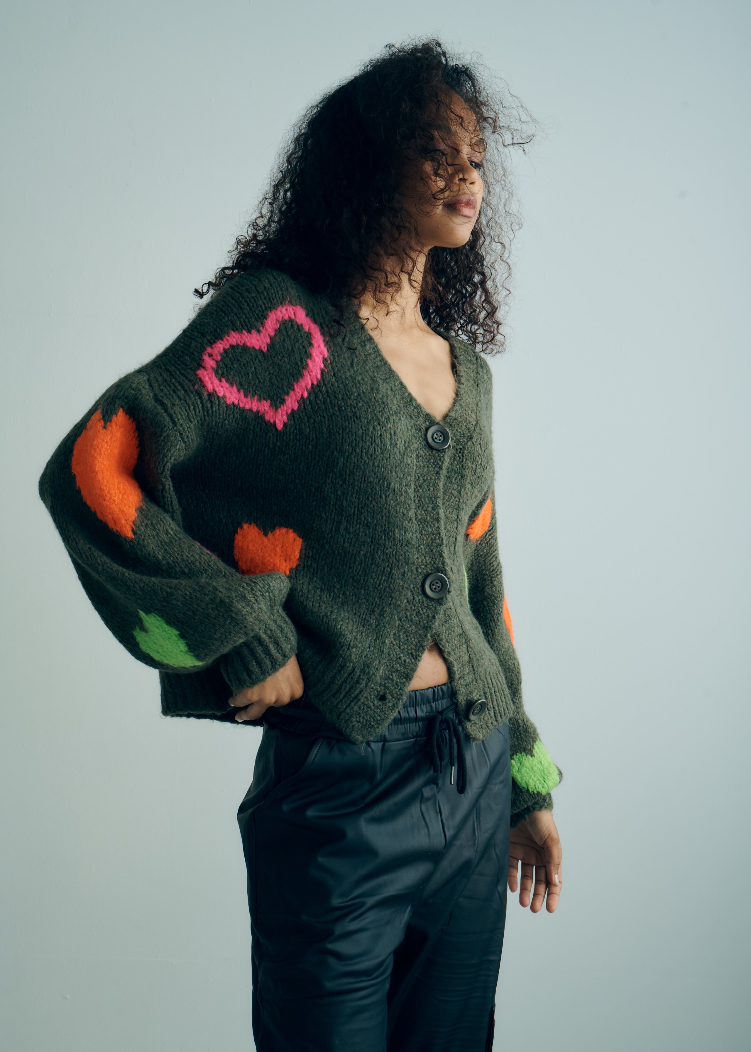 Keiko Italian Chunky Knit Cardigan with Colourful Hearts in Khaki