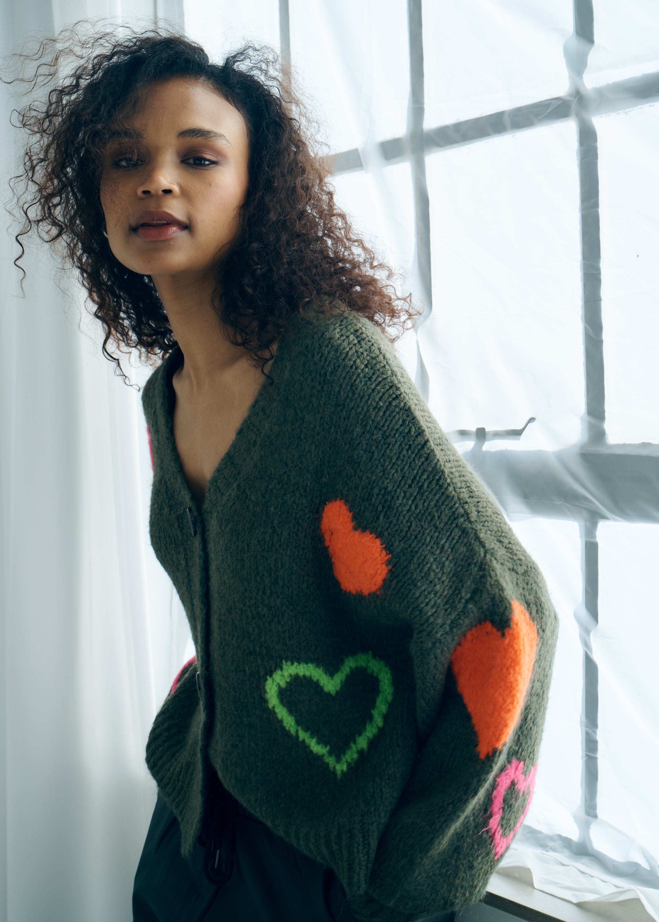 Keiko Italian Chunky Knit Cardigan with Colourful Hearts in Khaki
