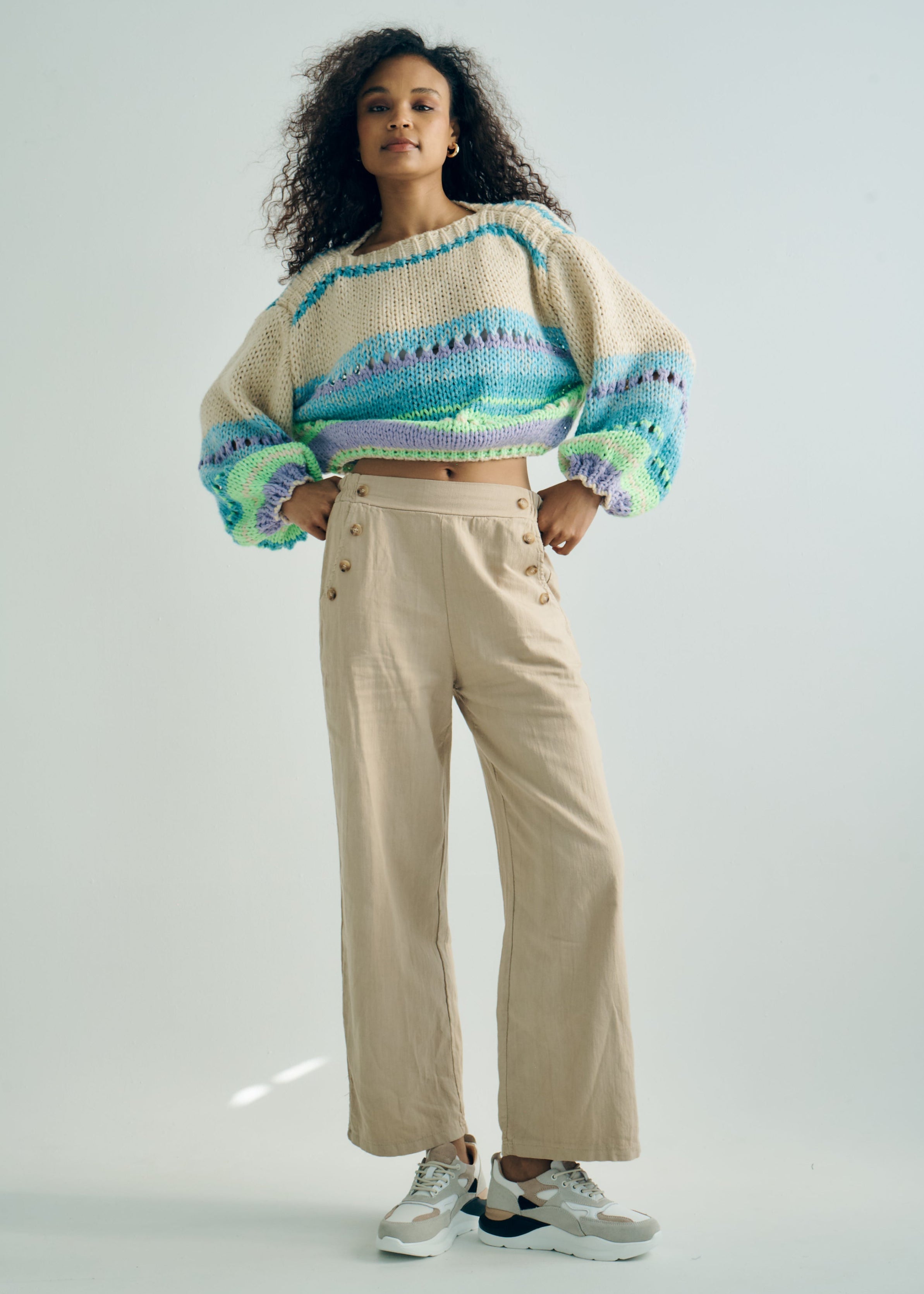 Italian Palazzo Pants with Front Buttons in Beige