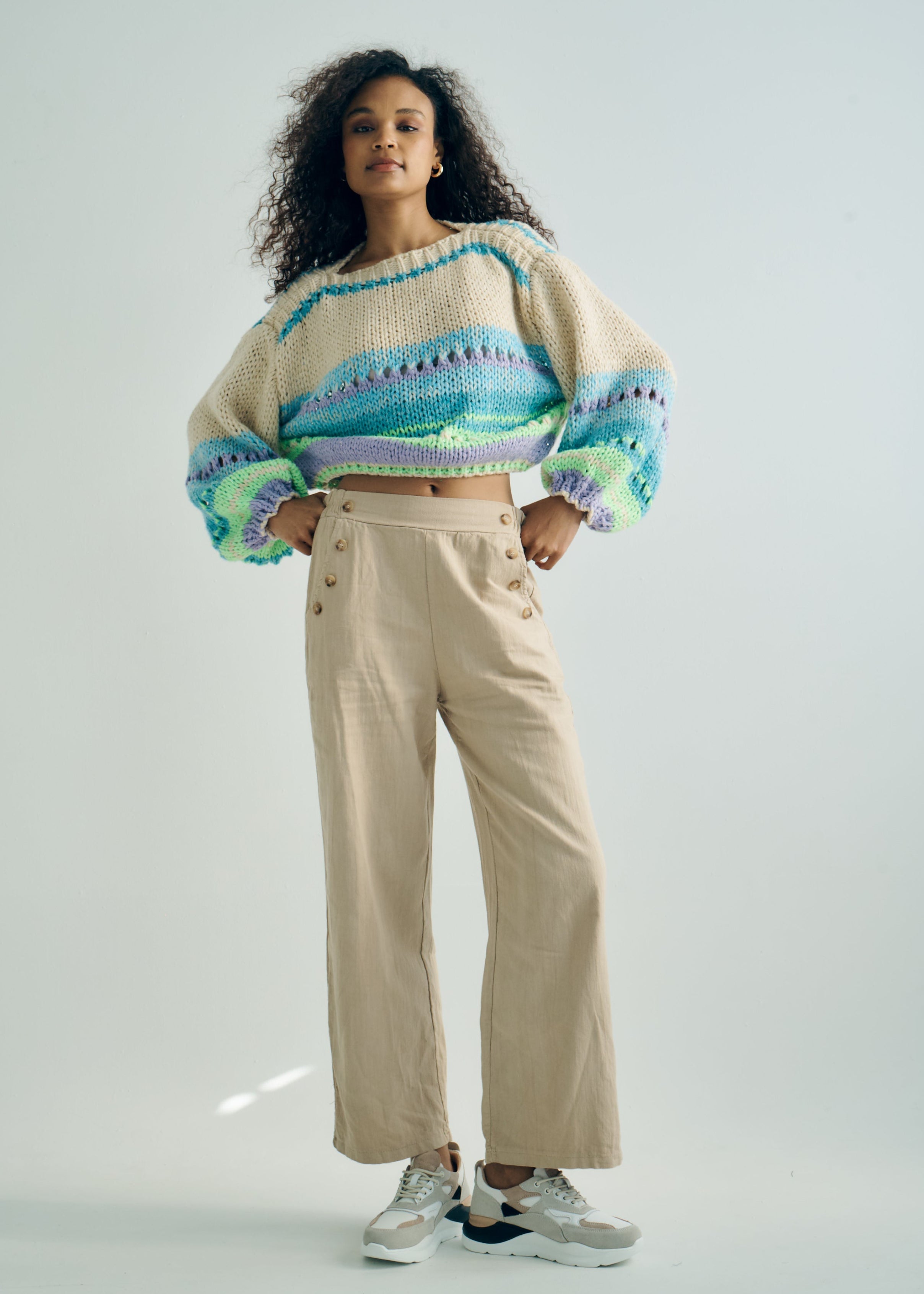 Italian Palazzo Pants with Front Buttons in Beige