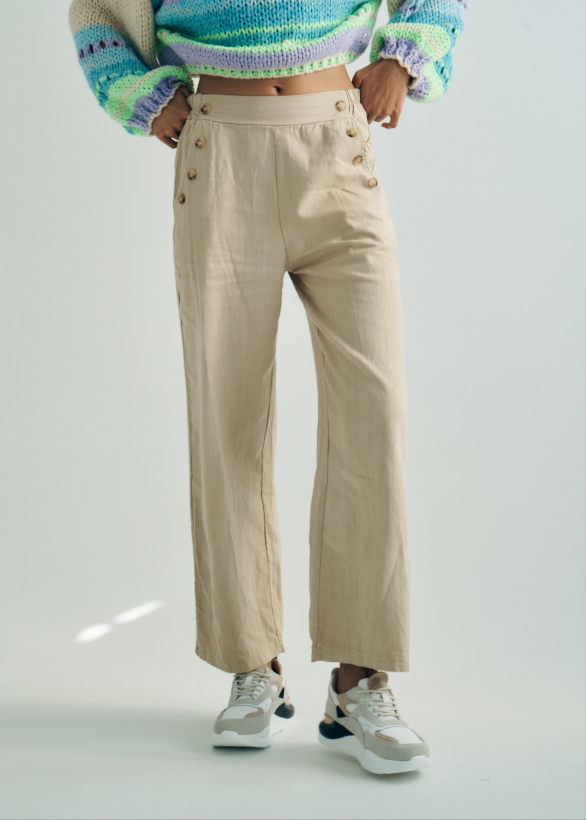 Italian Palazzo Pants with Front Buttons in Beige
