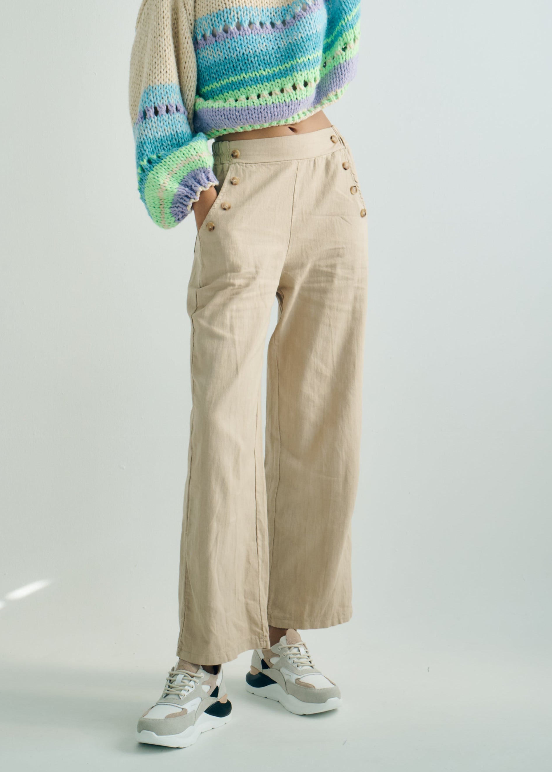 Italian Palazzo Pants with Front Buttons in Beige