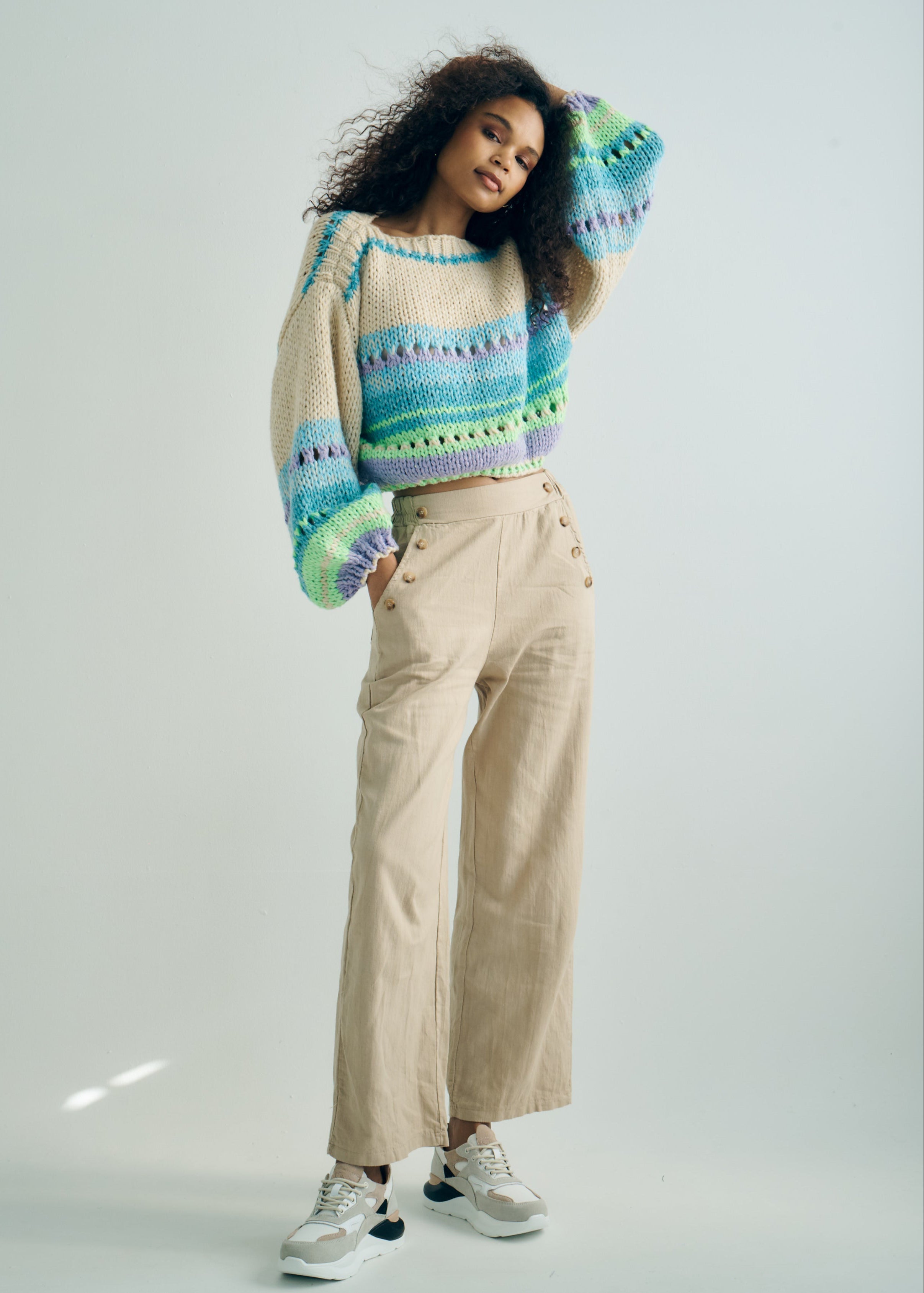 Italian Palazzo Pants with Front Buttons in Beige