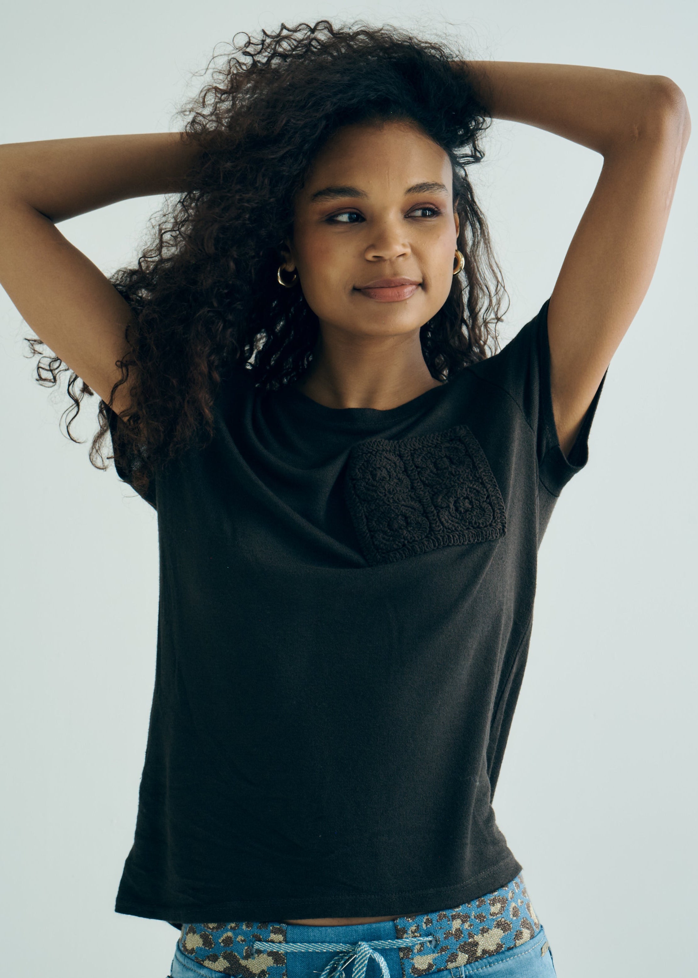 Italian Knitted Tee with Crochet Pocket in Chocolate