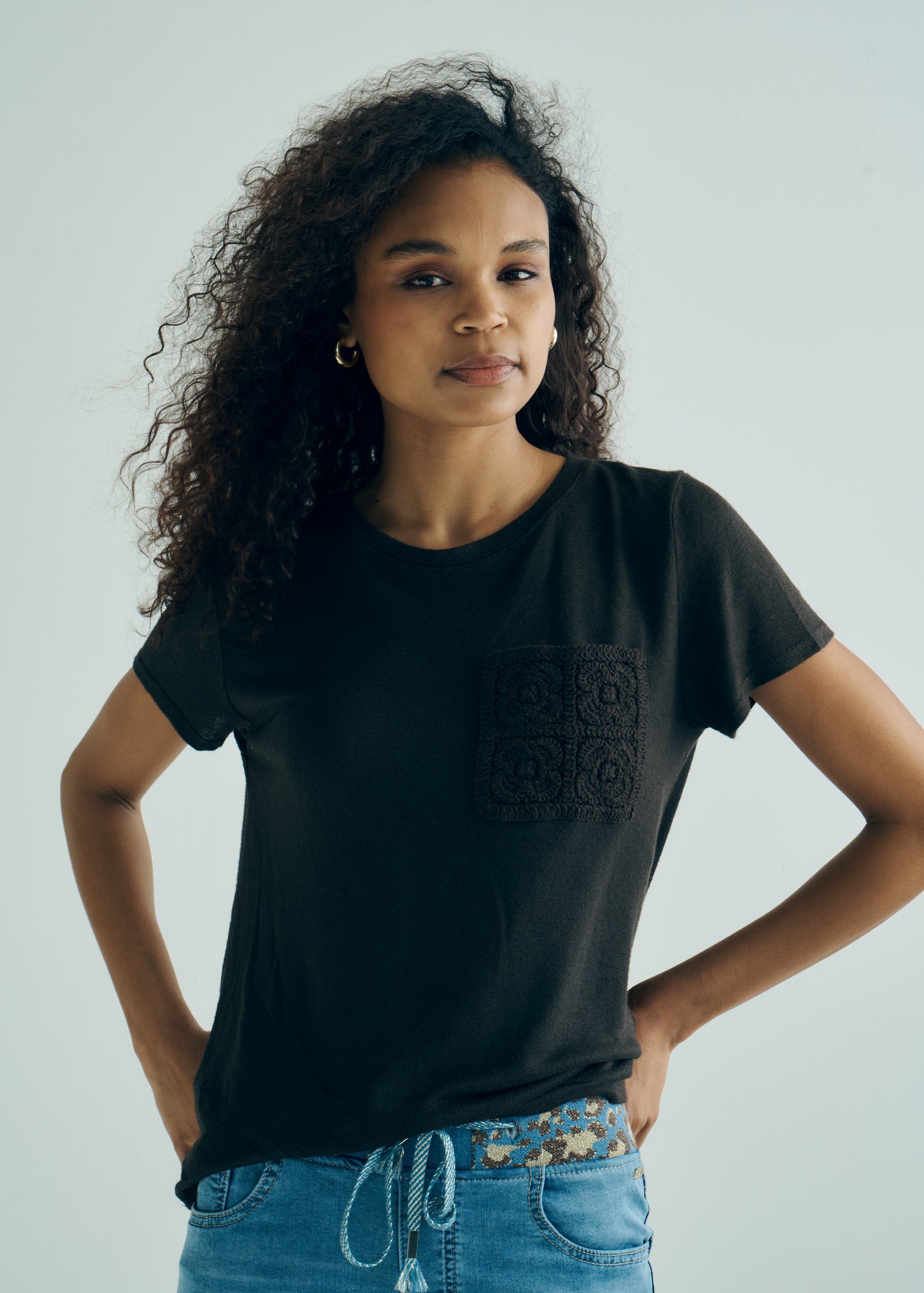 Italian Knitted Tee with Crochet Pocket in Chocolate