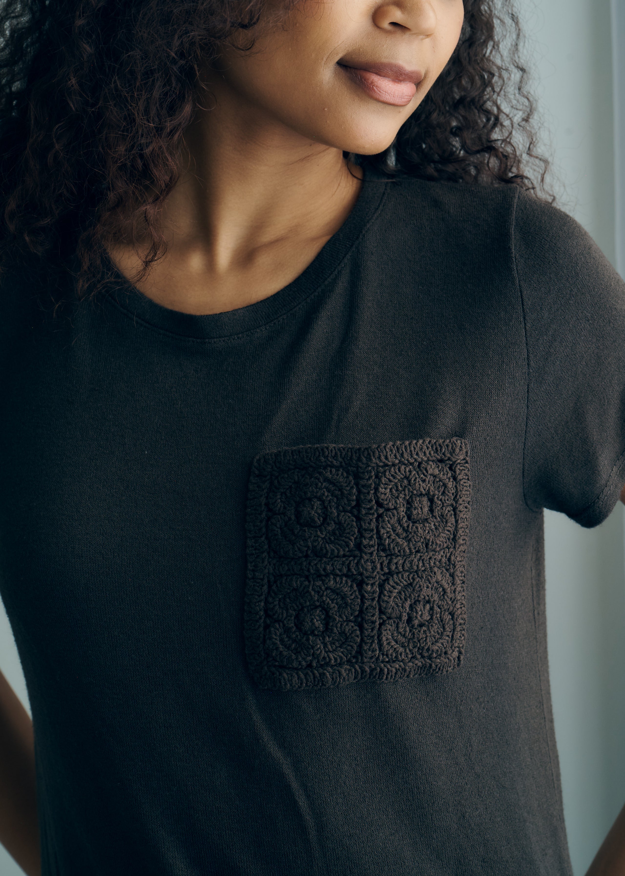 Italian Knitted Tee with Crochet Pocket in Chocolate