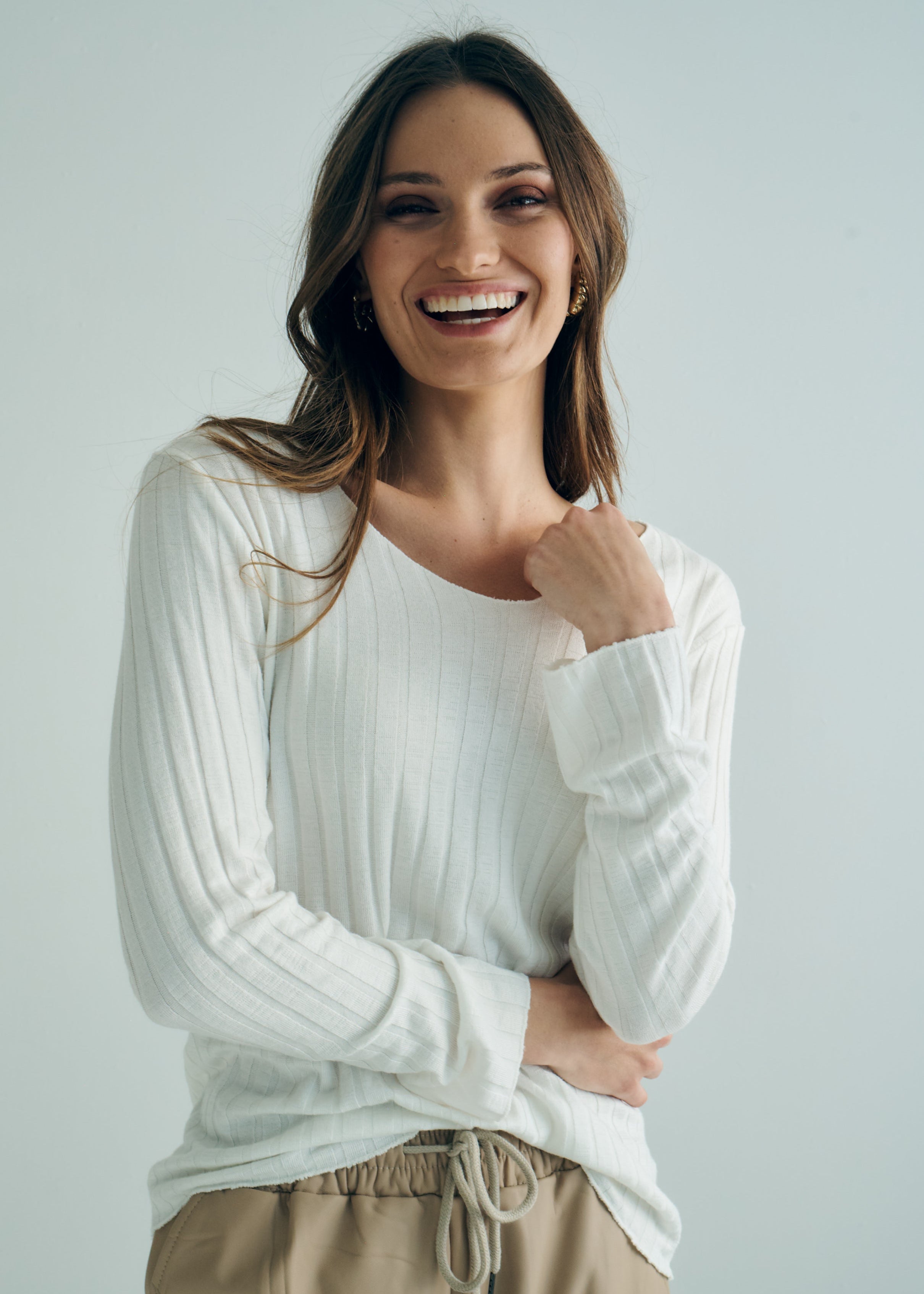 Italian V Neck Rib Knit in Off White