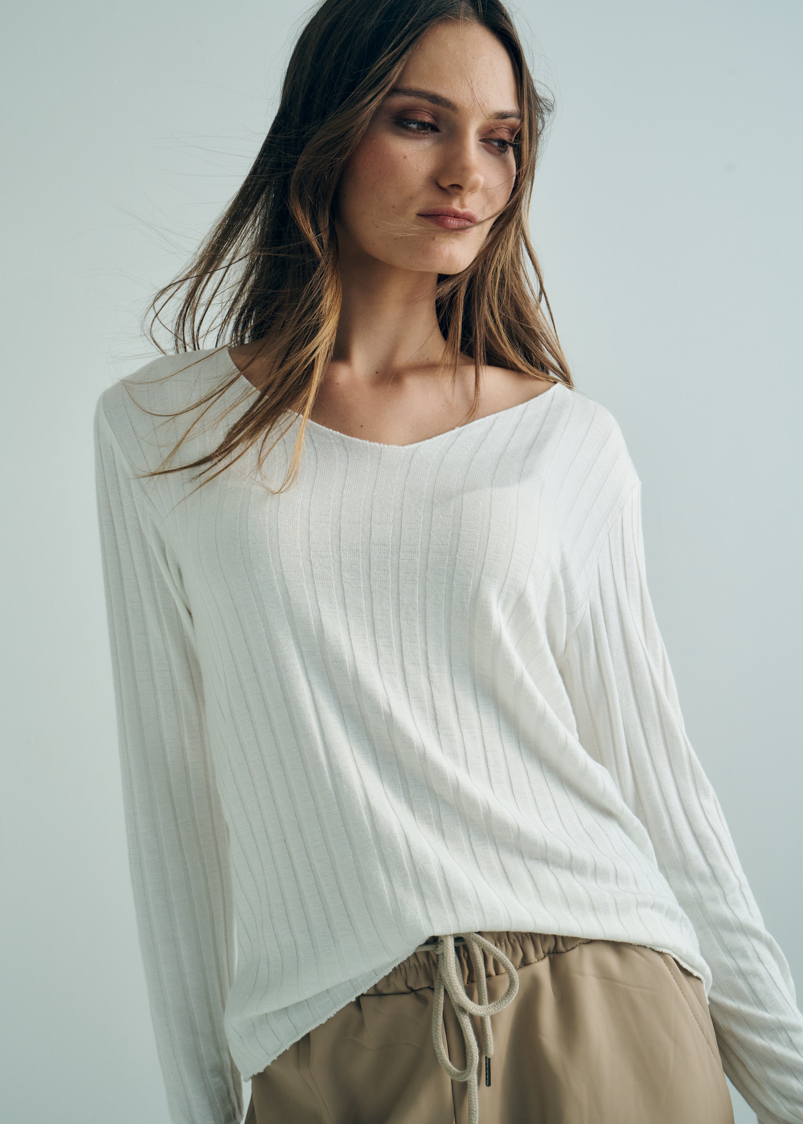 Italian V Neck Rib Knit in Off White