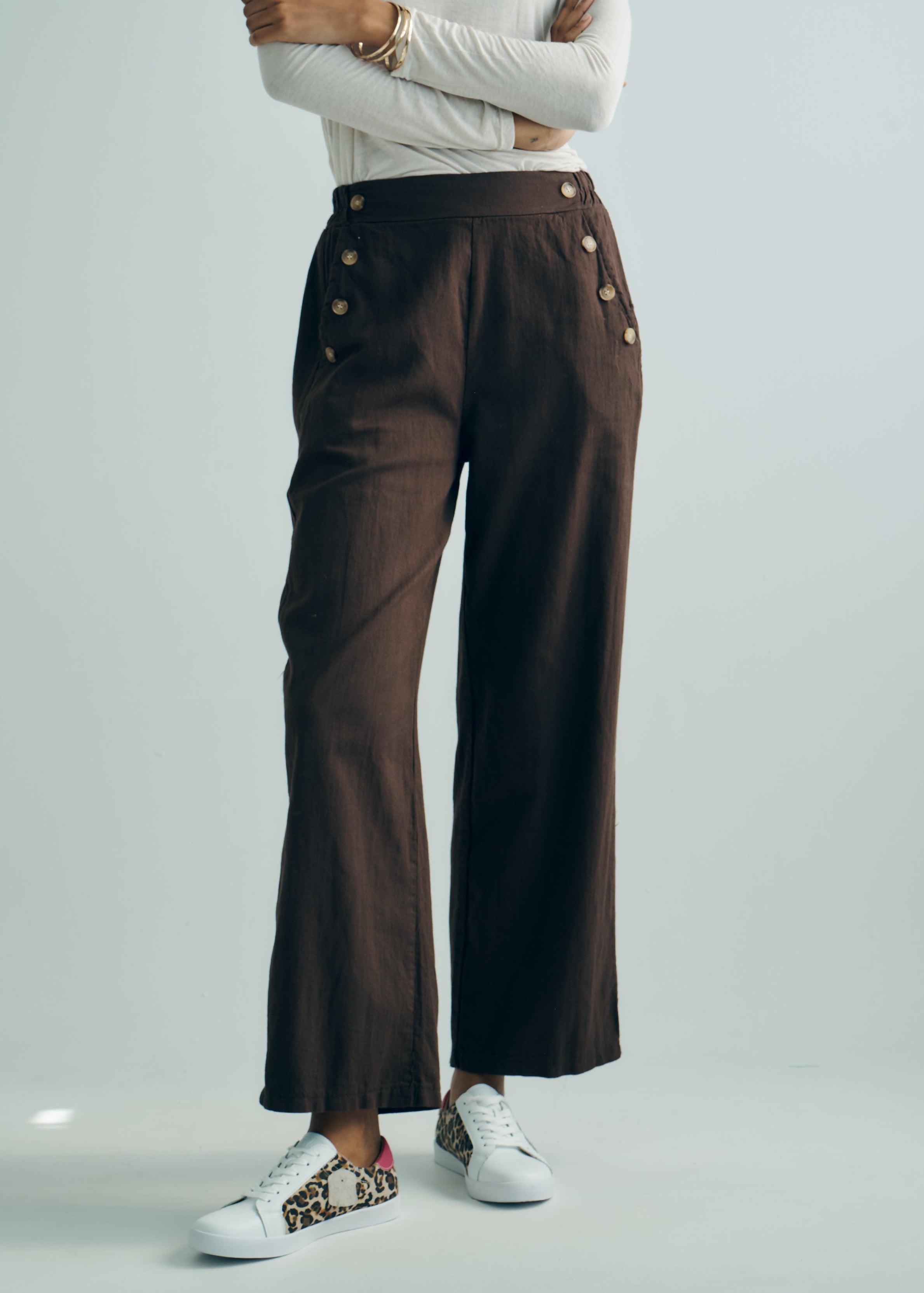 Italian Palazzo Pants with Front Buttons in Chocolate