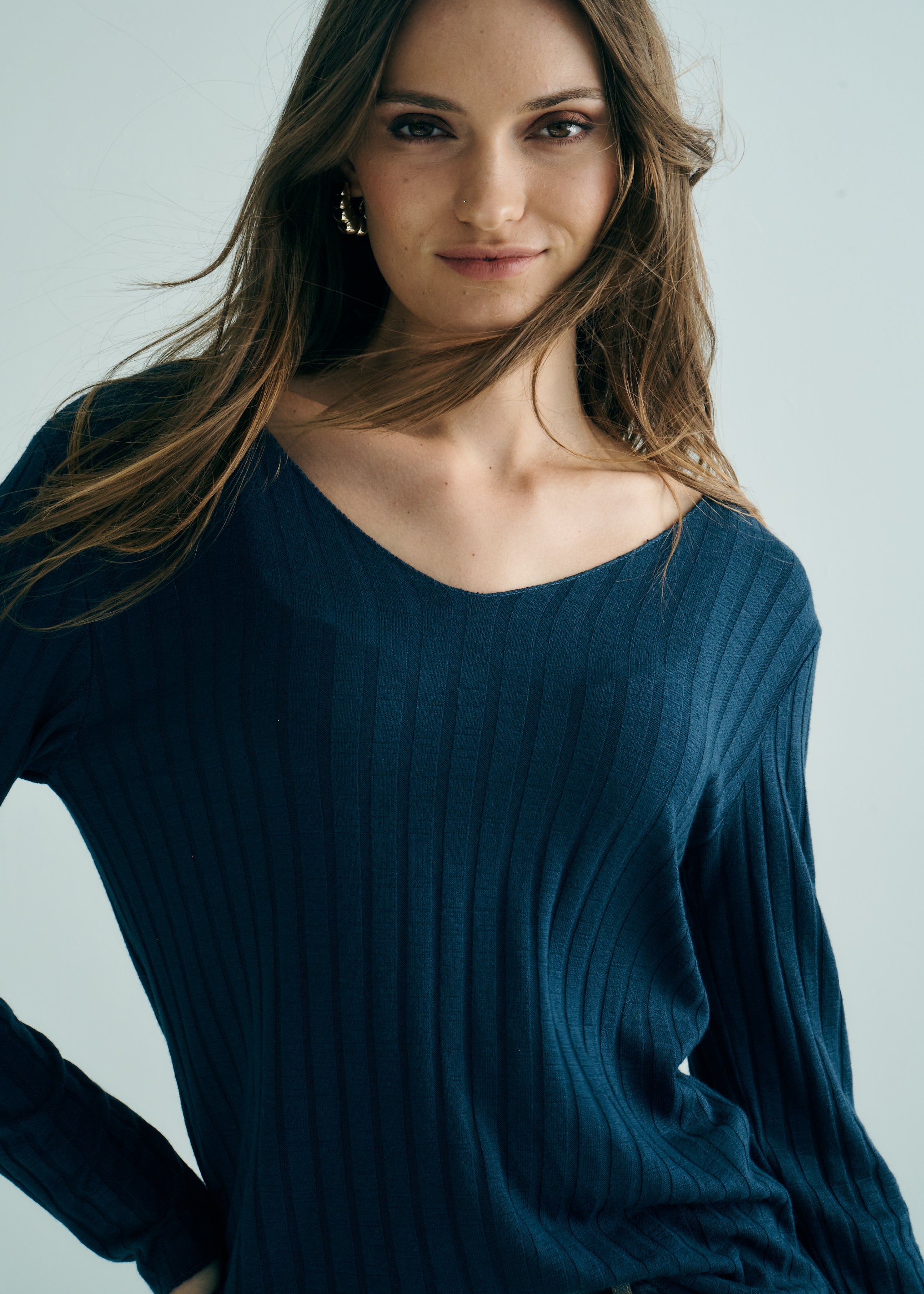 Italian V Neck Rib Knit in Navy