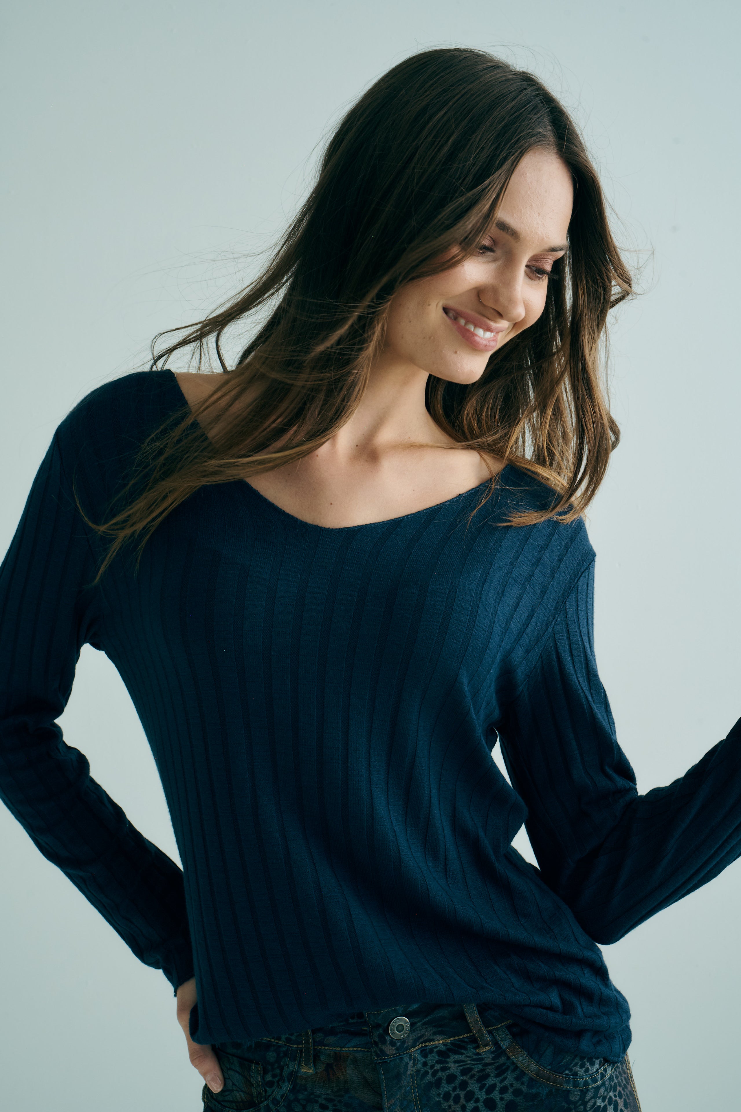 Italian V Neck Rib Knit in Navy