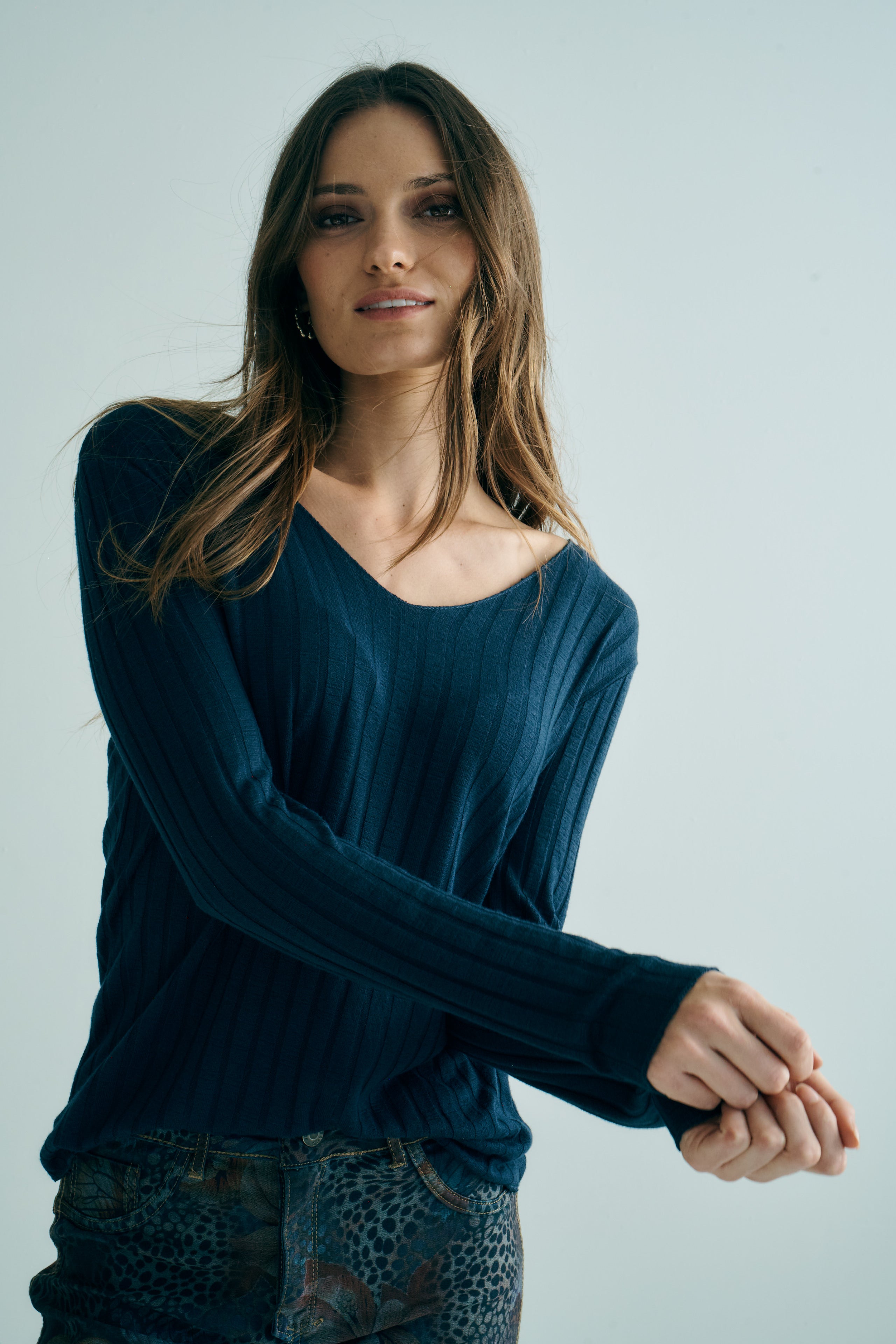 Italian V Neck Rib Knit in Navy