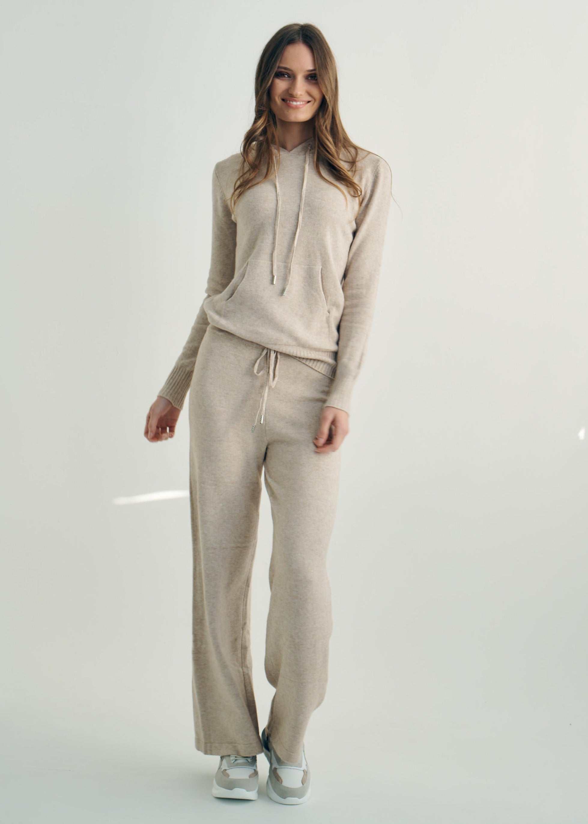 Cloud Knitted Viscose Hooded Set With Palazzo Pants In Taupe