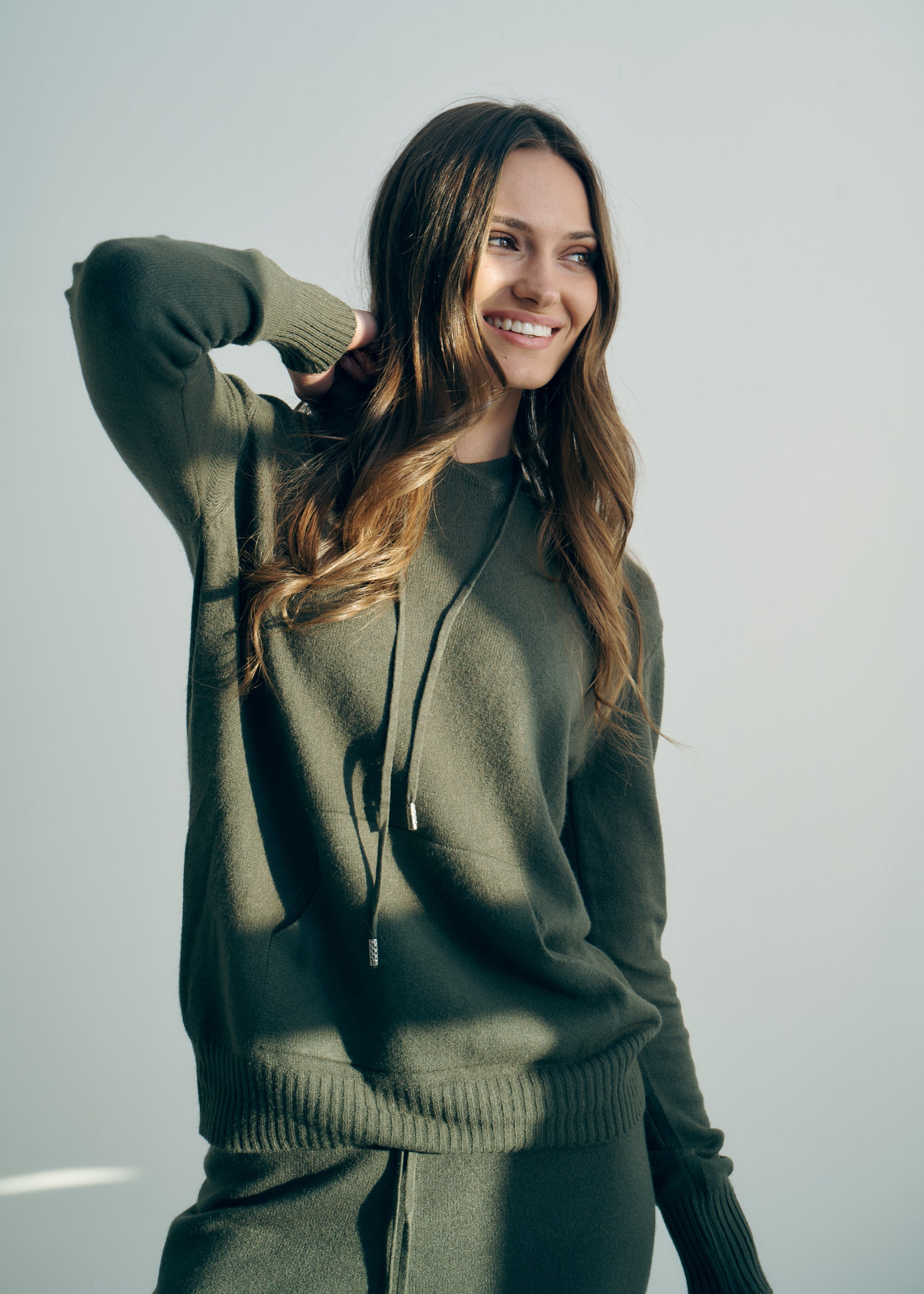 Cloud Knitted Viscose Hooded Set With Palazzo Pants In Khaki